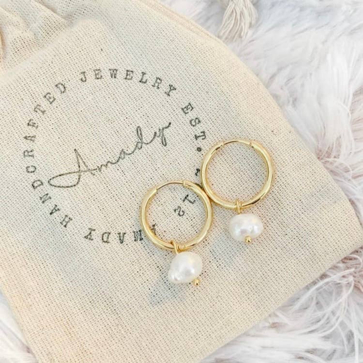 Water Pearl Hoop Earrings, pearl earrings, minimalist hoops - Pink Peonies