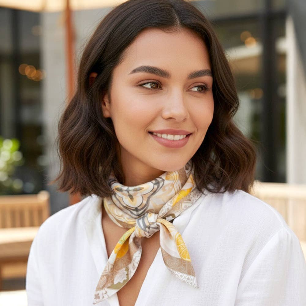 Orange Mosaic Print Square Bandana Scarf: Black - Pink Peonies