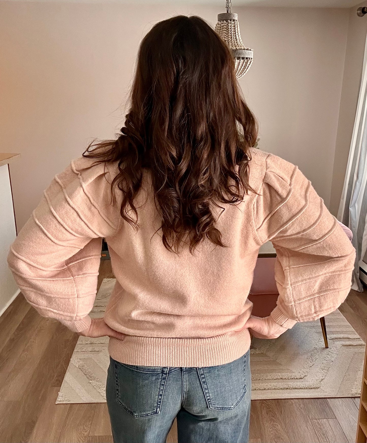 Crew Neck Textured Puff Sleeve Knitted Sweater - Pink Peonies