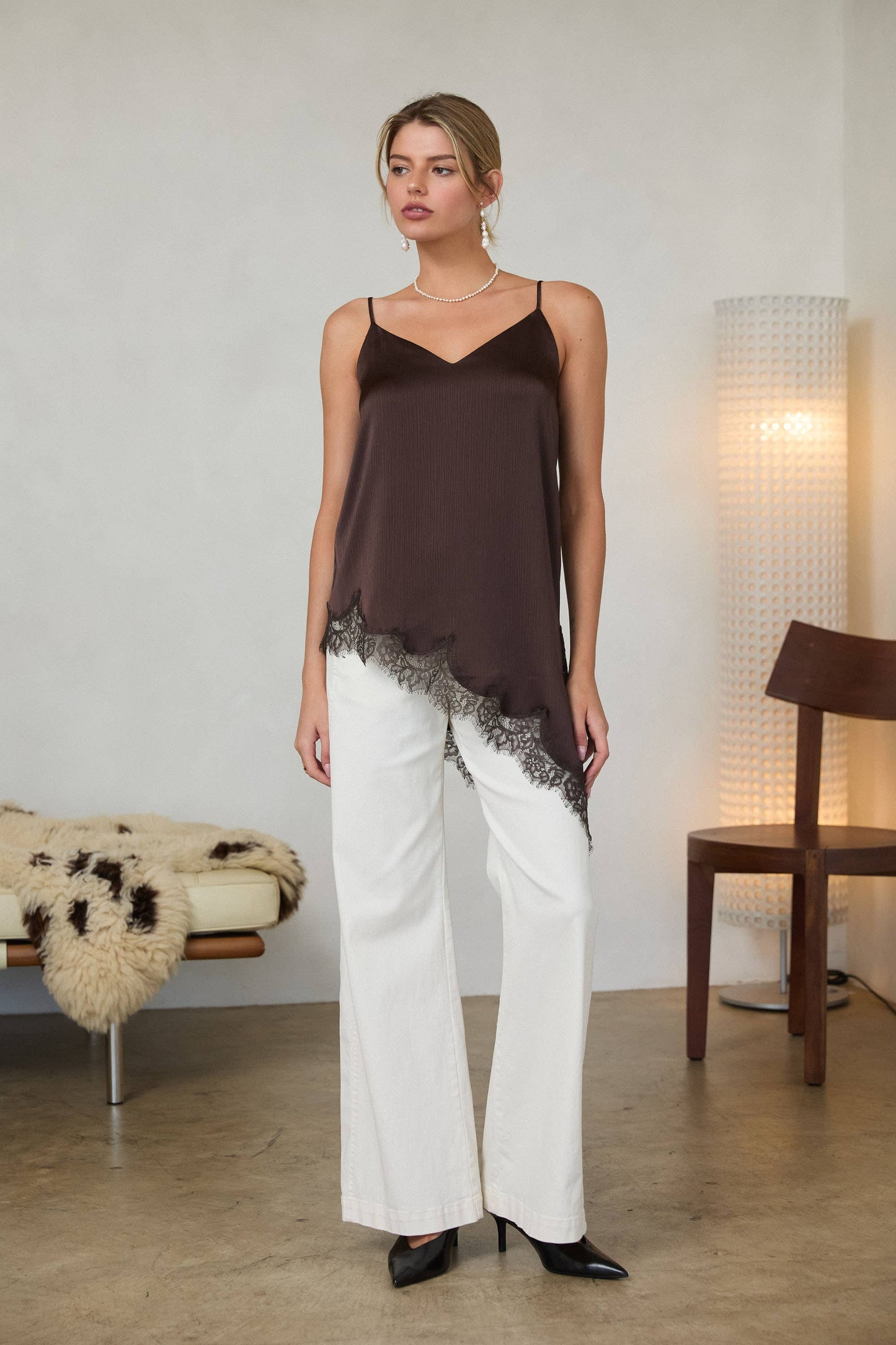 Asymmetrical Satin Lace Trim Cami Tunic