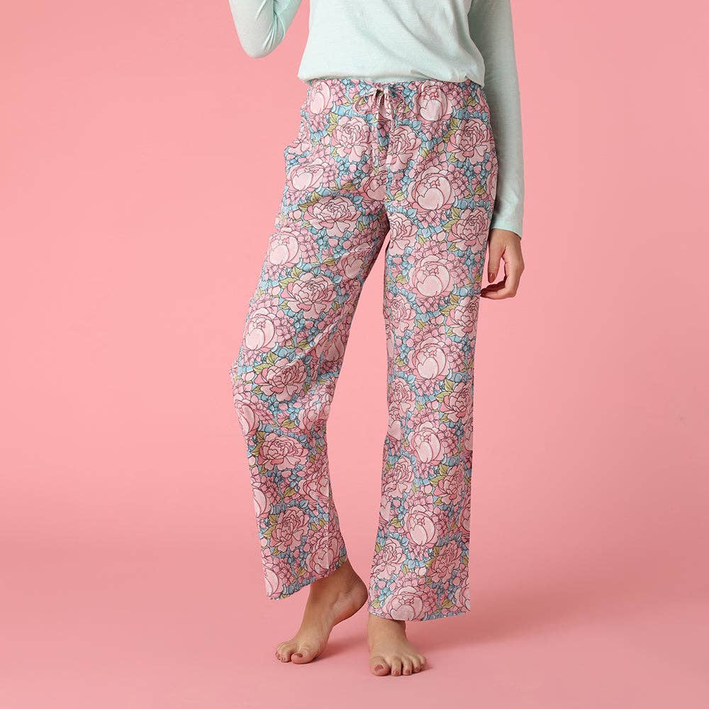 Pink Peonies Lightweight Cotton Pajama Pants in a Bag