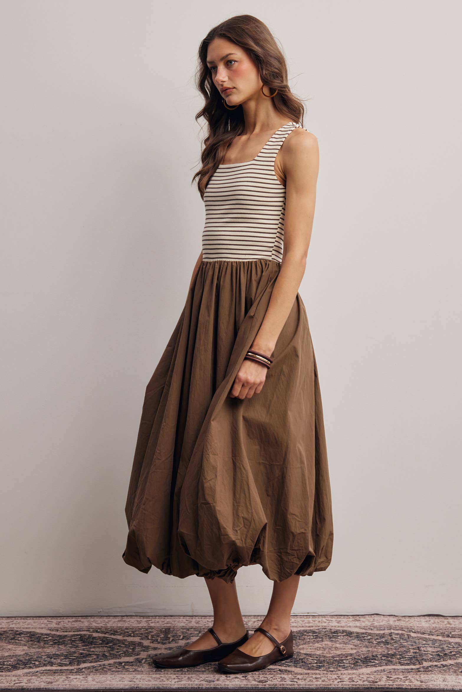 Striped Knit Bodice Bubble Midi Dress - Pink Peonies