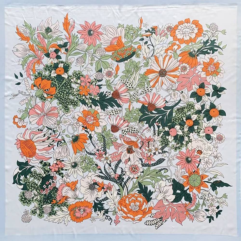 Floral Silk Feel Square Scarf: Blue - Pink Peonies