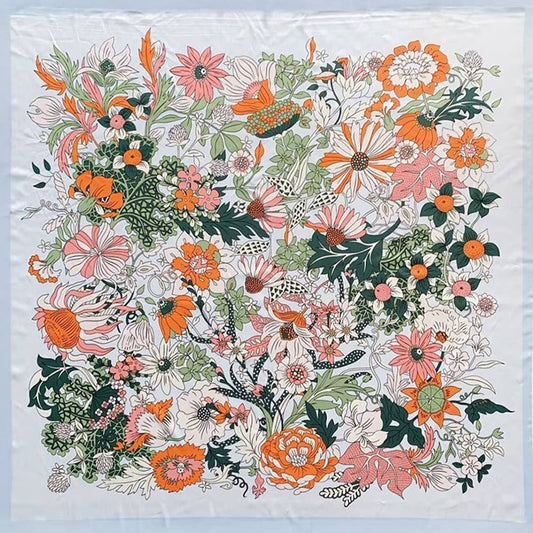 Floral Silk Feel Square Scarf: Blue - Pink Peonies
