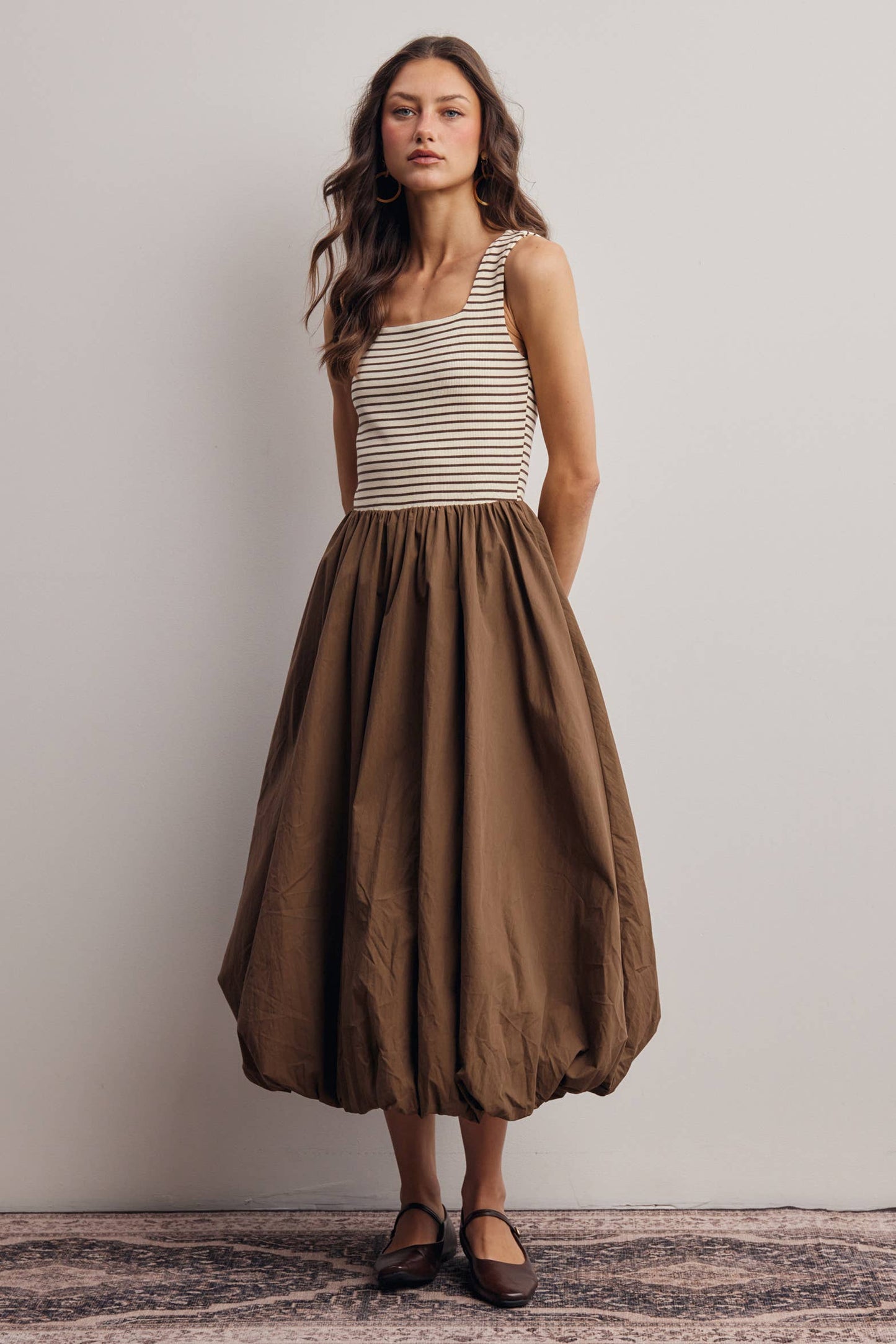 Striped Knit Bodice Bubble Midi Dress - Pink Peonies