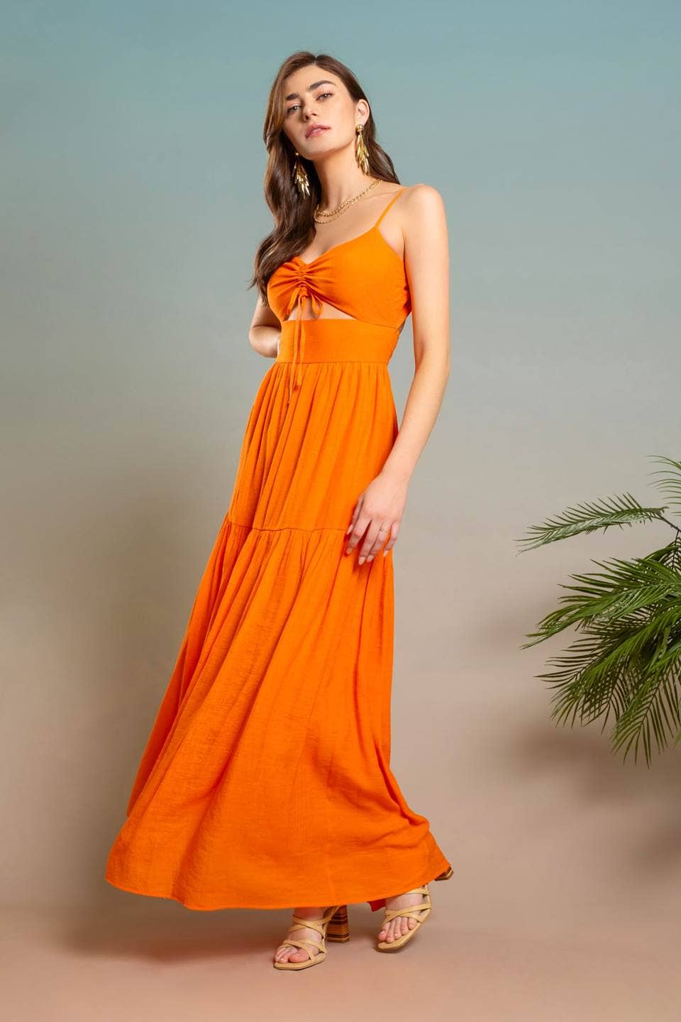 Sunset Muse Flame Orange Ruched Cut Out Ruffle Skirt Maxi Dress - Pink Peonies