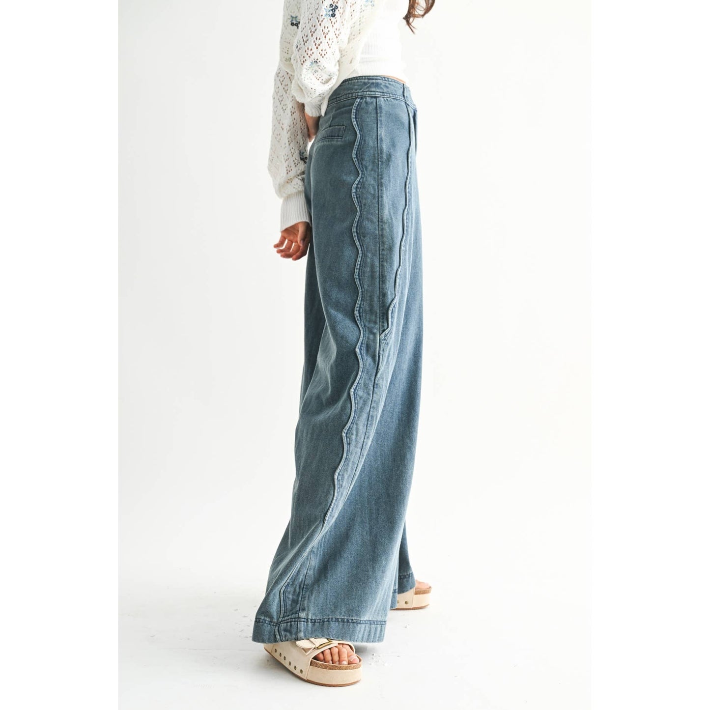Medium Wash Wide Leg Wavy Trim Jeans