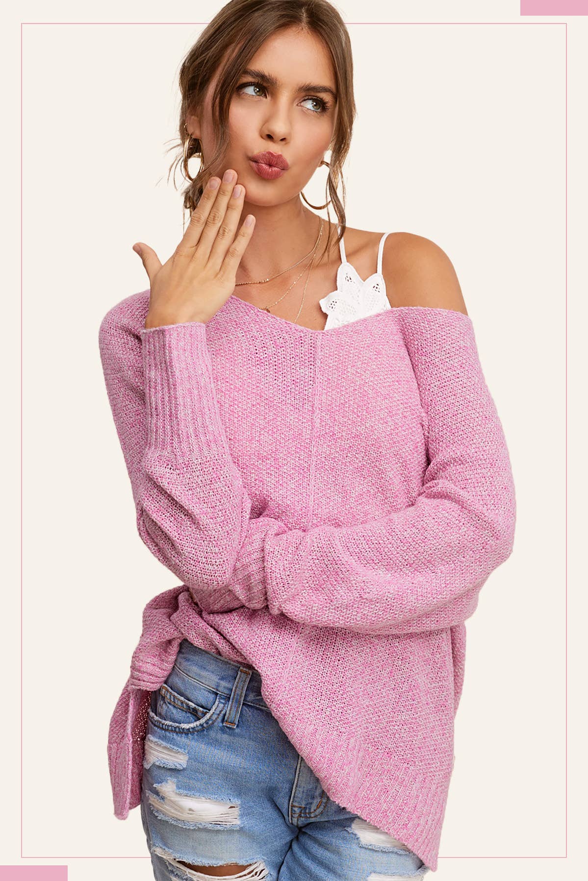 Pink Lightweight Loose Fit Textured Pullover Sweater - Pink Peonies