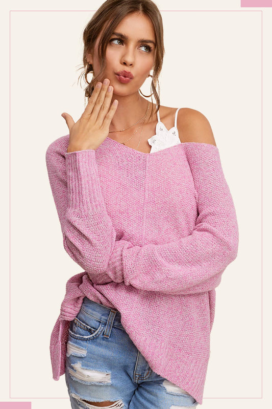 Pink Lightweight Loose Fit Textured Pullover Sweater - Pink Peonies