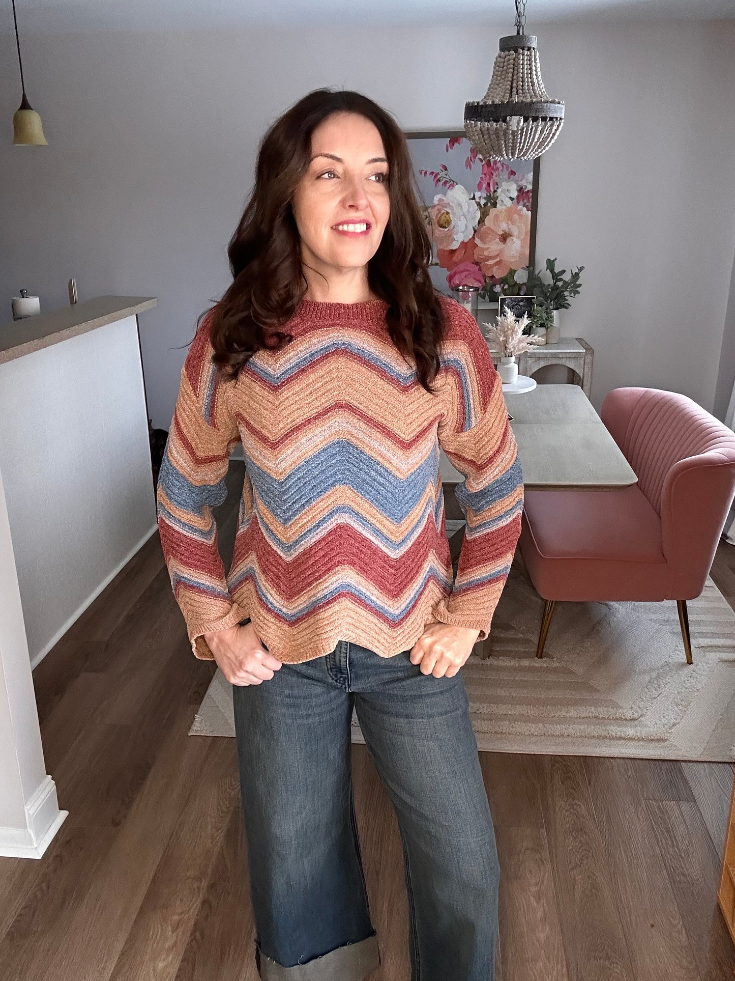 Rose Multi Zig-Zag Pointelle Chenille Sweater - Pink Peonies