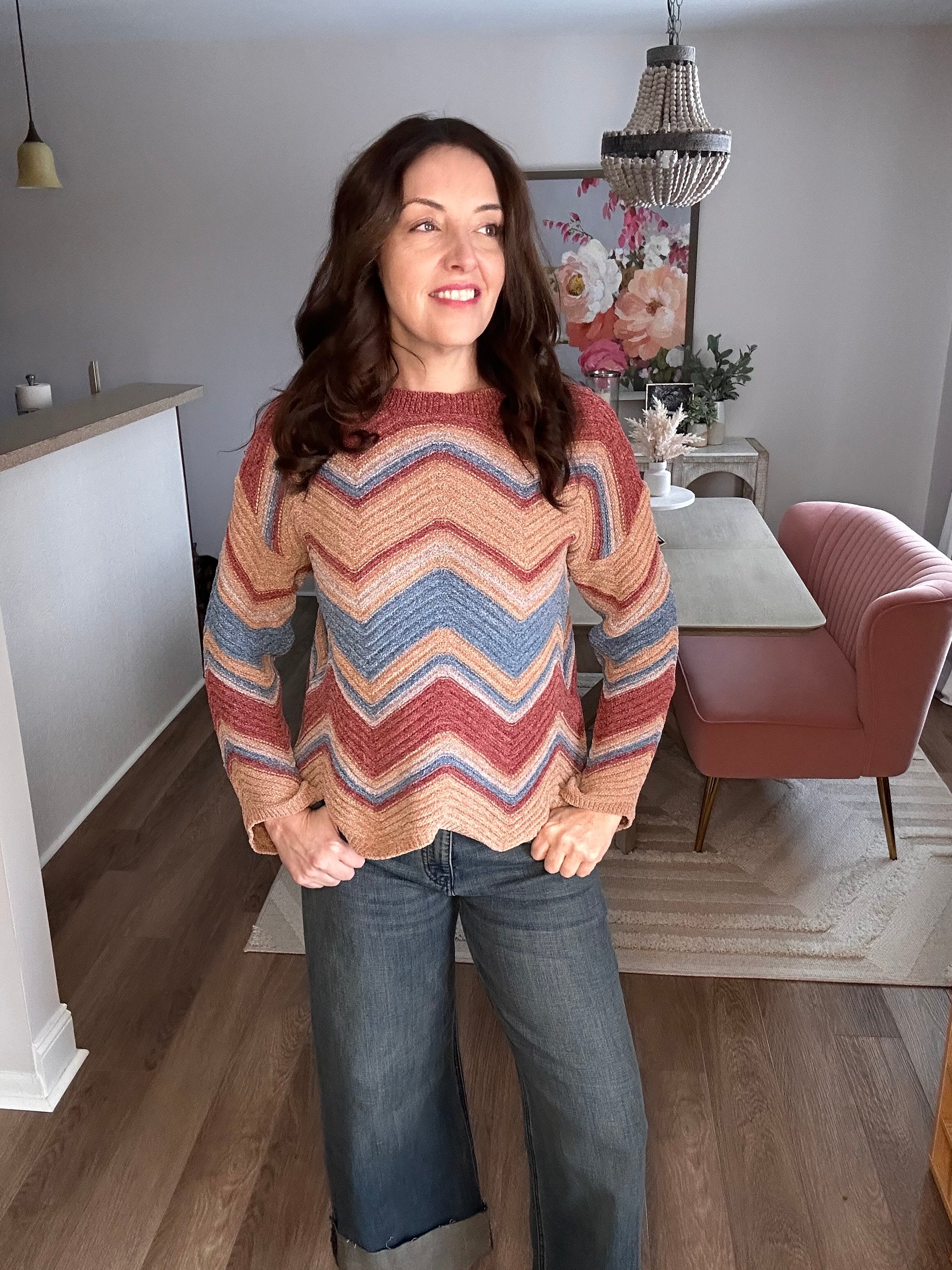 Rose Multi Zig-Zag Pointelle Chenille Sweater - Pink Peonies