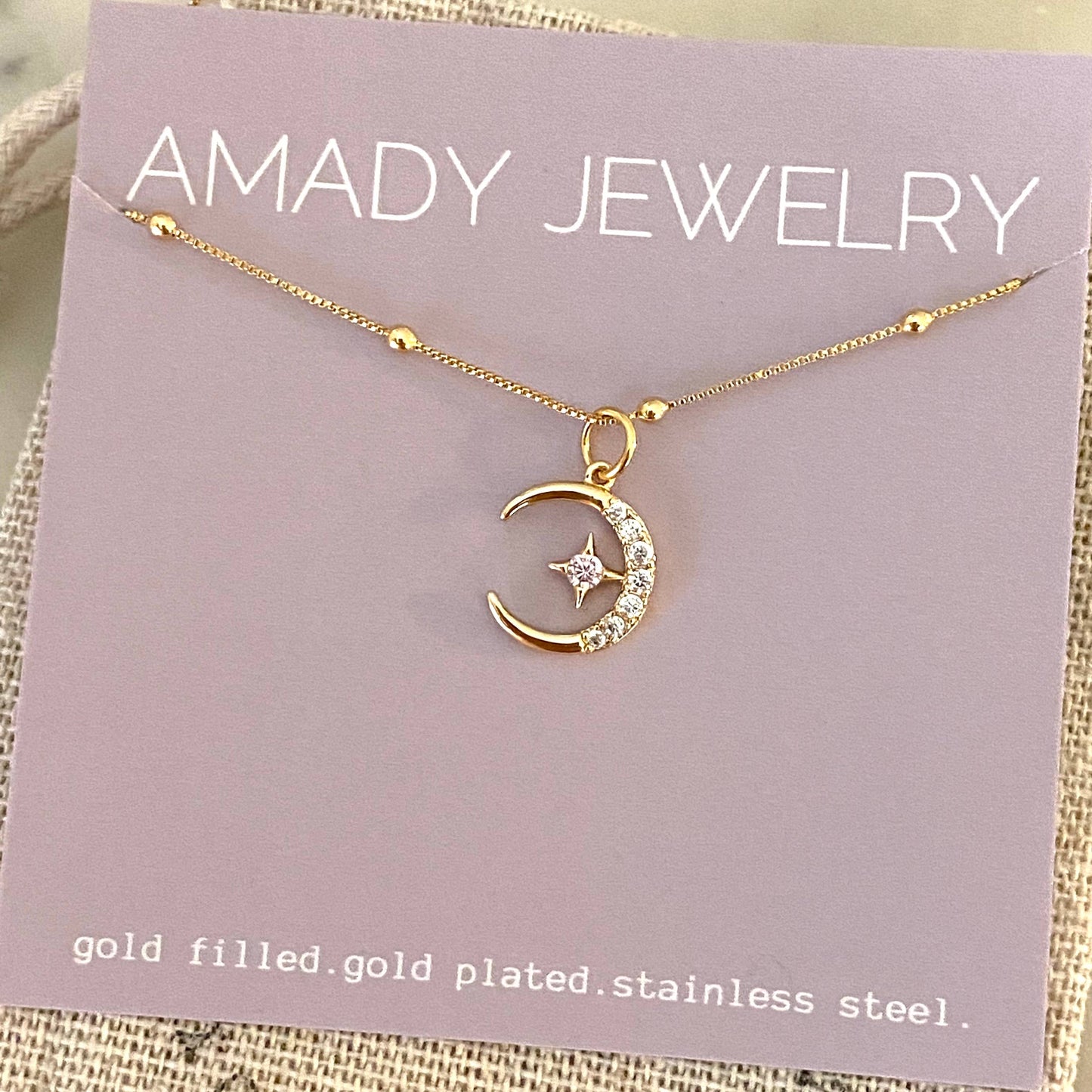 Cute Crescent Moon Charm Necklace 18k Gold Filled GP - Pink Peonies