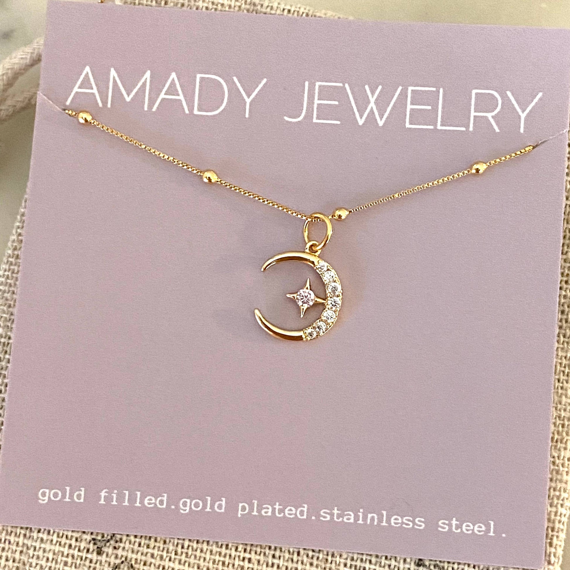 Cute Crescent Moon Charm Necklace 18k Gold Filled GP - Pink Peonies
