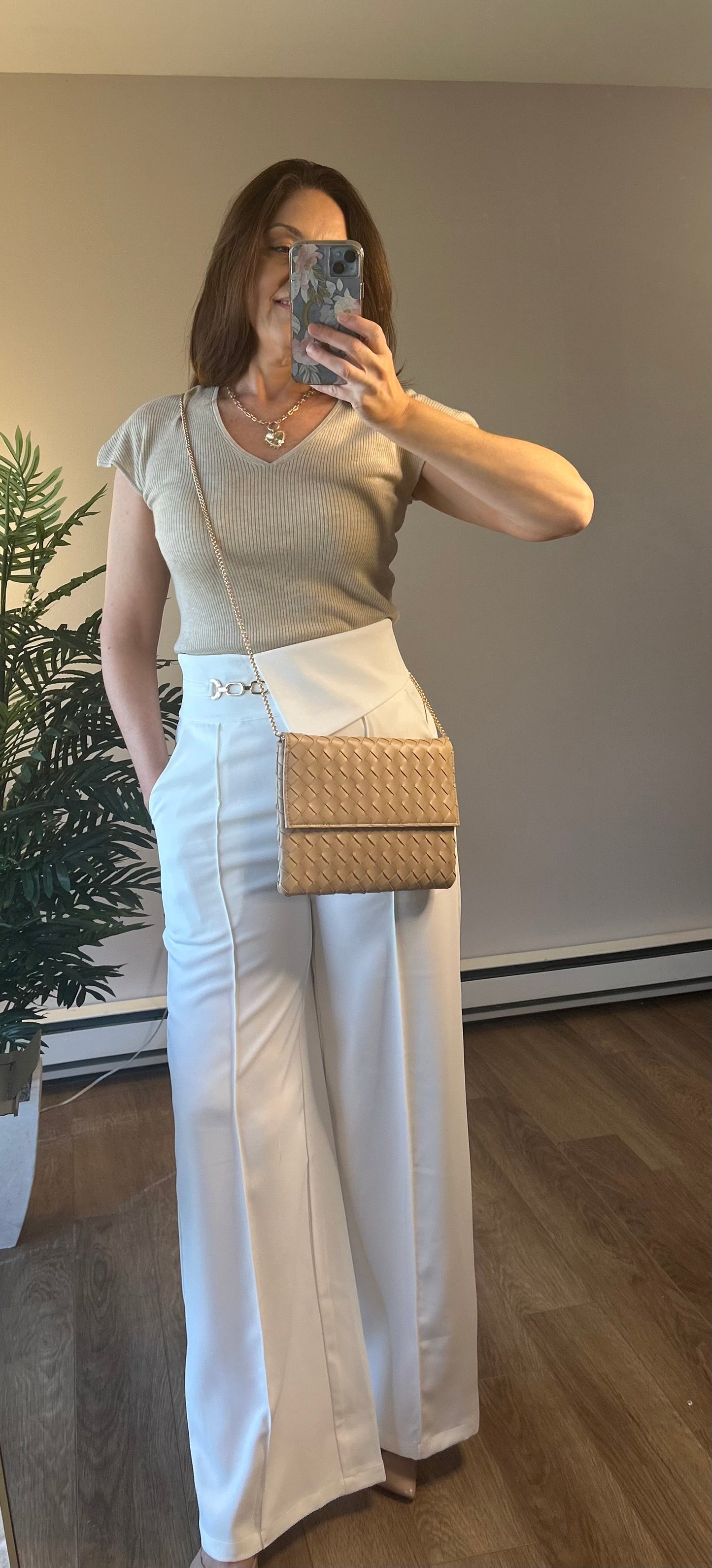 Woven Clutch with Detachable Gold Chain: Natural - Pink Peonies
