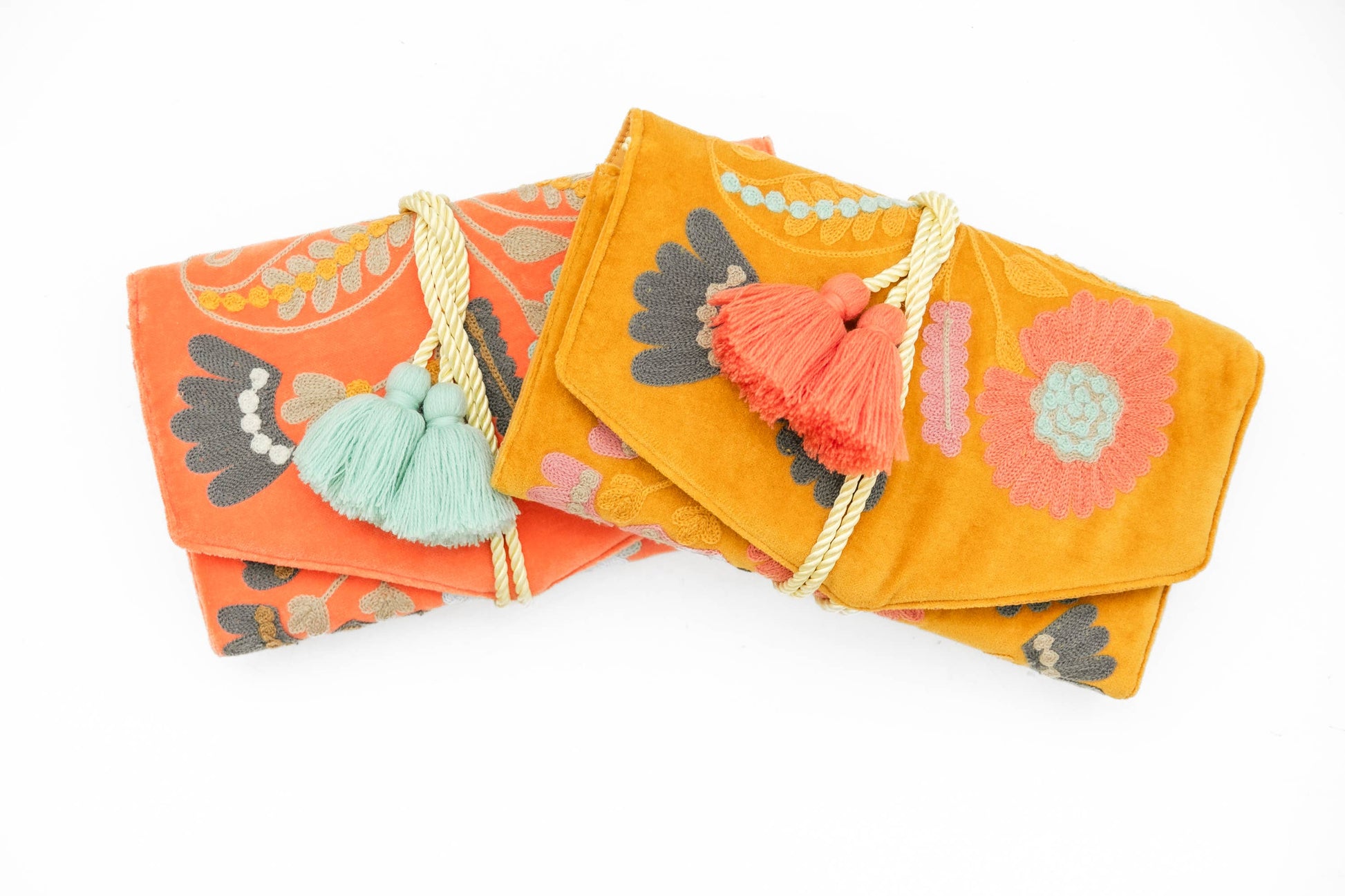 Embroidered Velvet Jewelry Organizer-Mustard - Pink Peonies