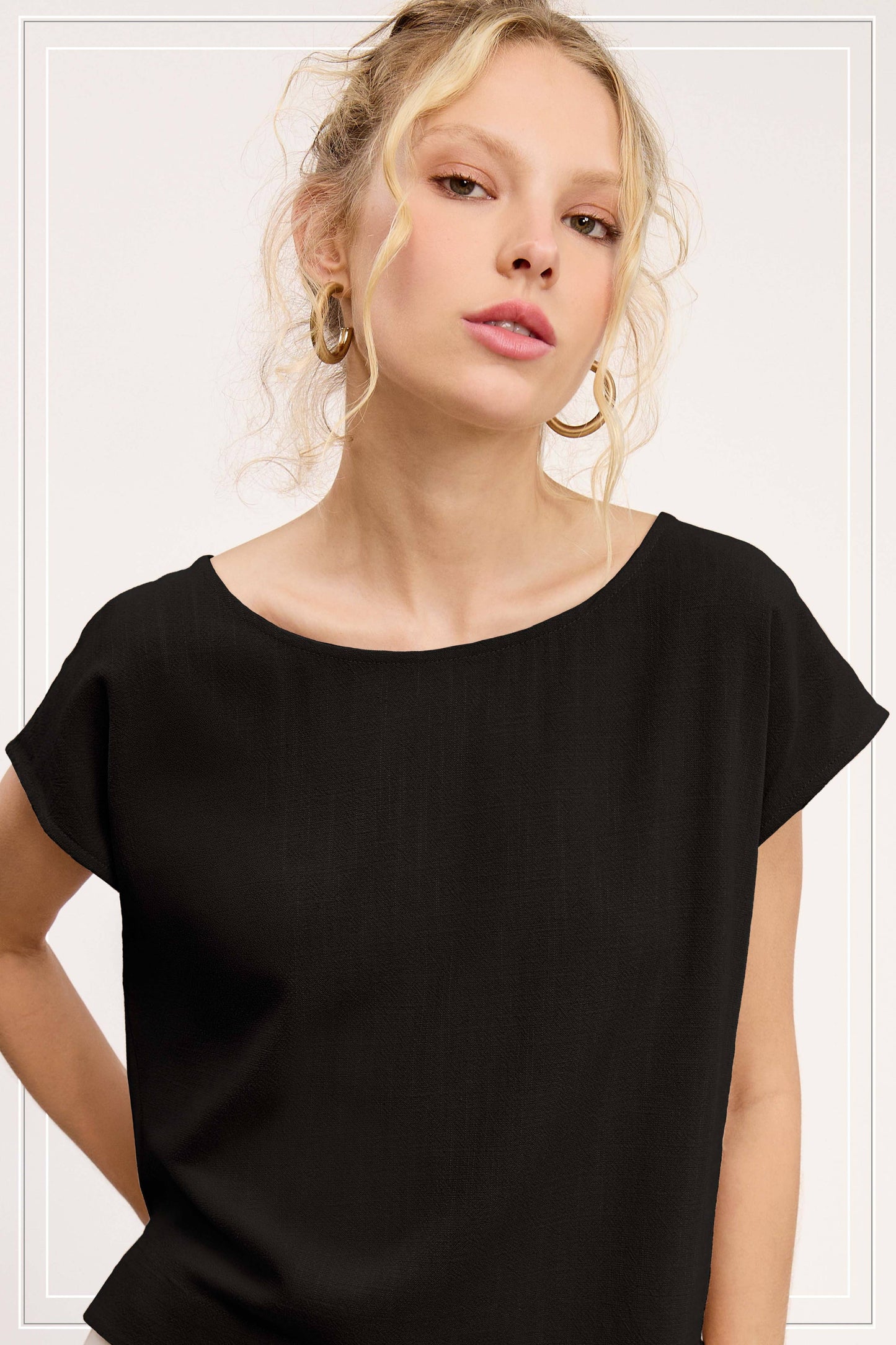 HDT7704-Soft Lightweight Linen Cap Sleeve Top with Side Slit: Black / L - Pink Peonies