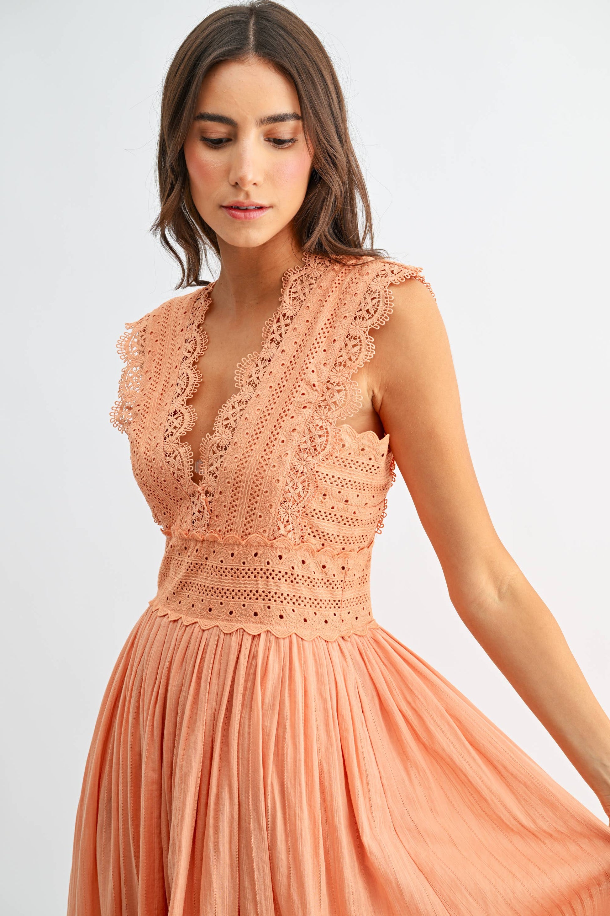 CD10184J Lace Boho Midi Dress: ORANGE / S-M-L (3-2-1) - Pink Peonies