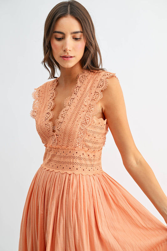 CD10184J Lace Boho Midi Dress: ORANGE / S-M-L (3-2-1) - Pink Peonies