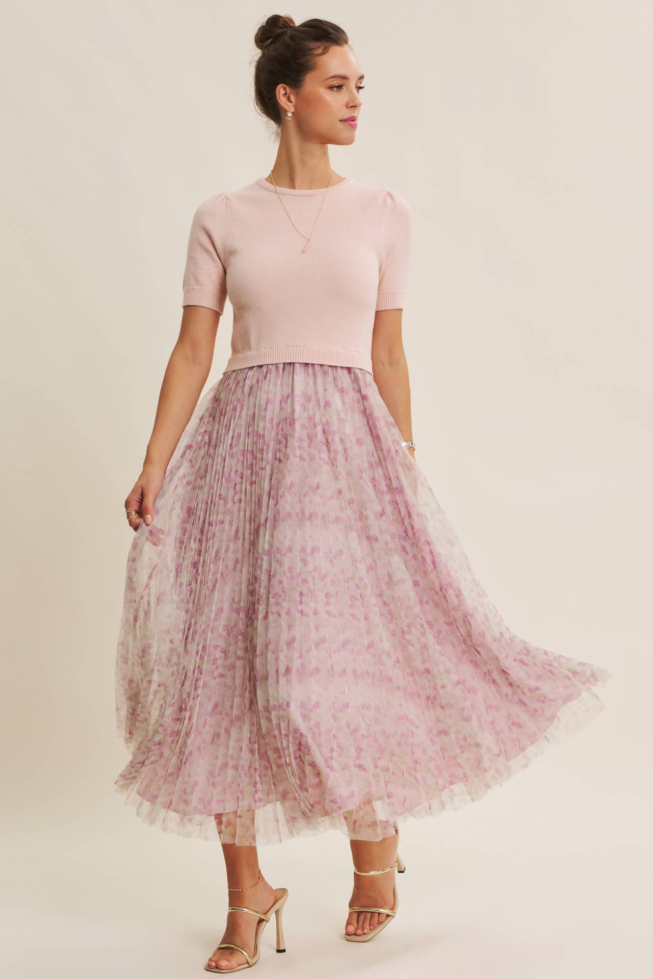 Field of Pleated Wildflowers Sweater Mix Media Midi Dress - Pink Peonies