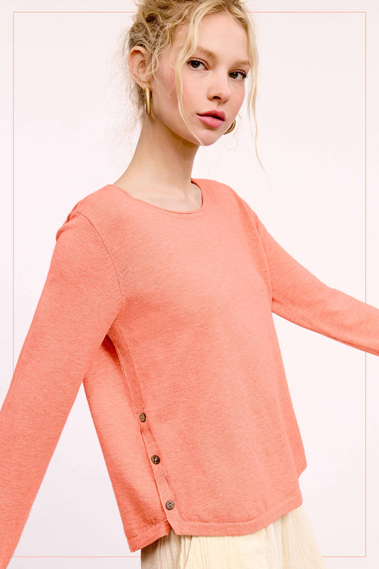 MDS3601-Super Soft Rolled Hem Side Button Stretchy Knit Top: Grapefruit / L - Pink Peonies