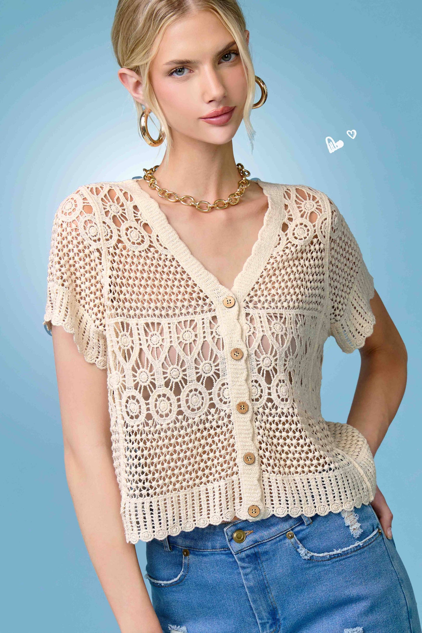 JDT7735-Open Knit Scallop Edge Button Down Cardigan: Natural / M/L - Pink Peonies
