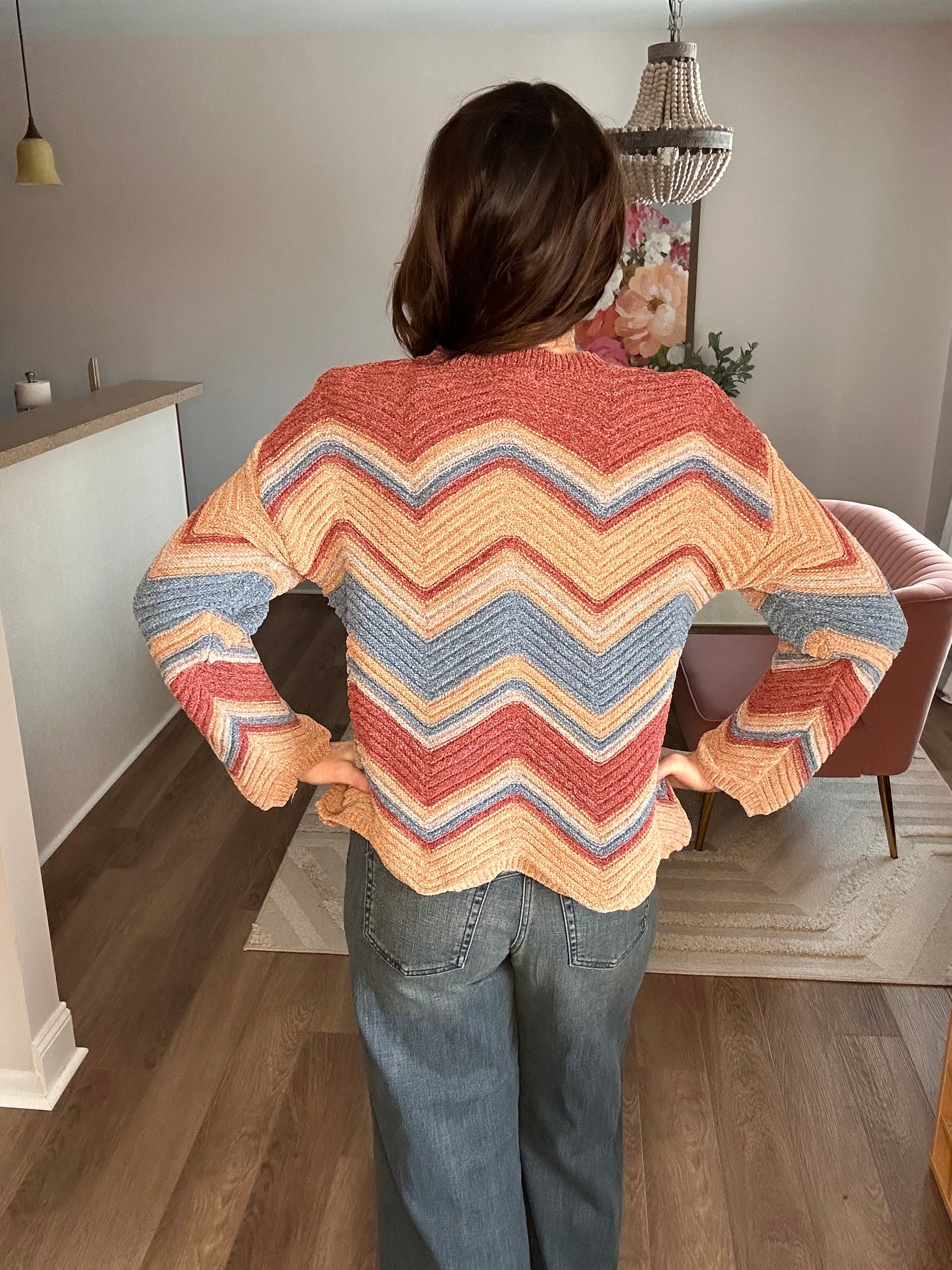 Rose Multi Zig-Zag Pointelle Chenille Sweater - Pink Peonies