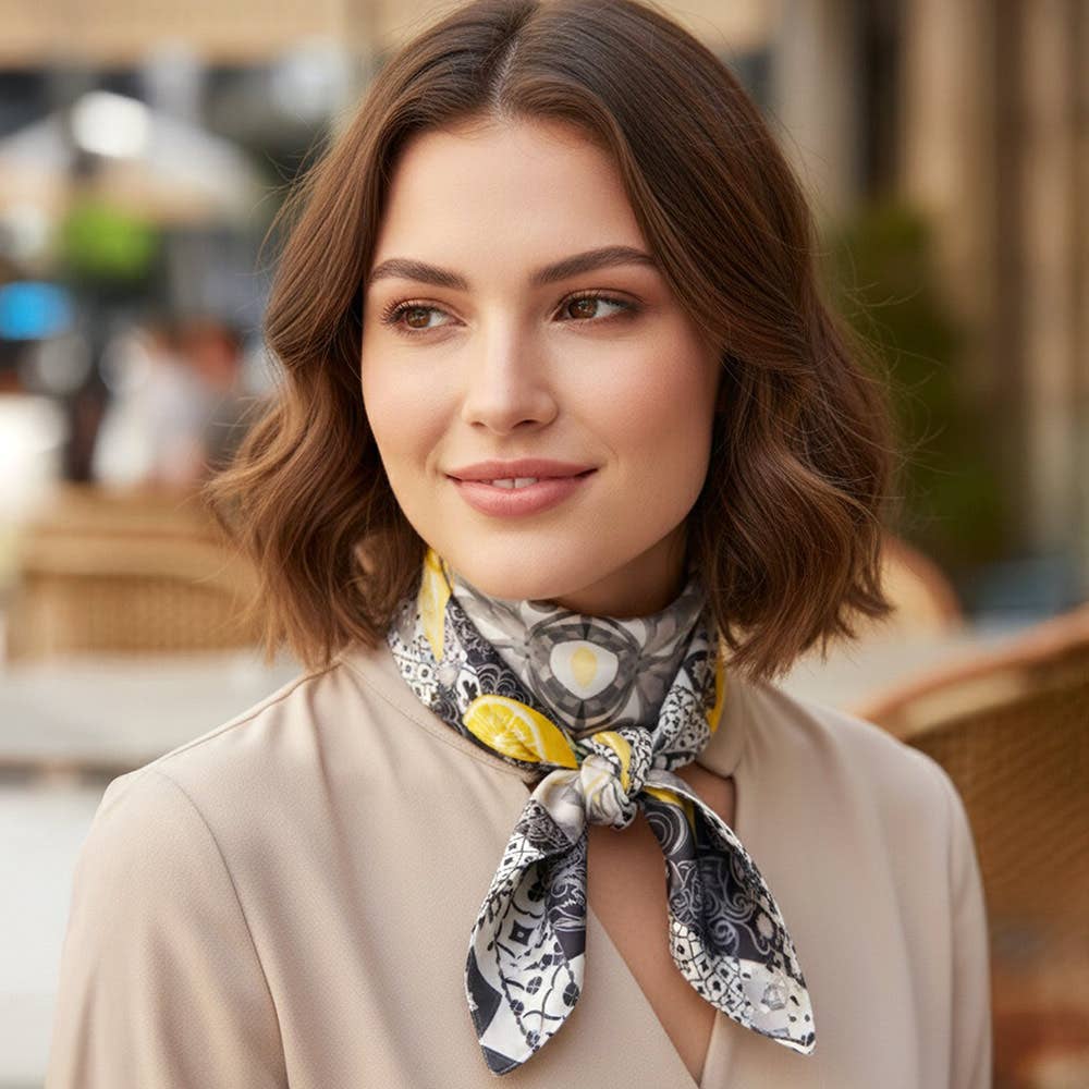 Orange Mosaic Print Square Bandana Scarf: Black - Pink Peonies