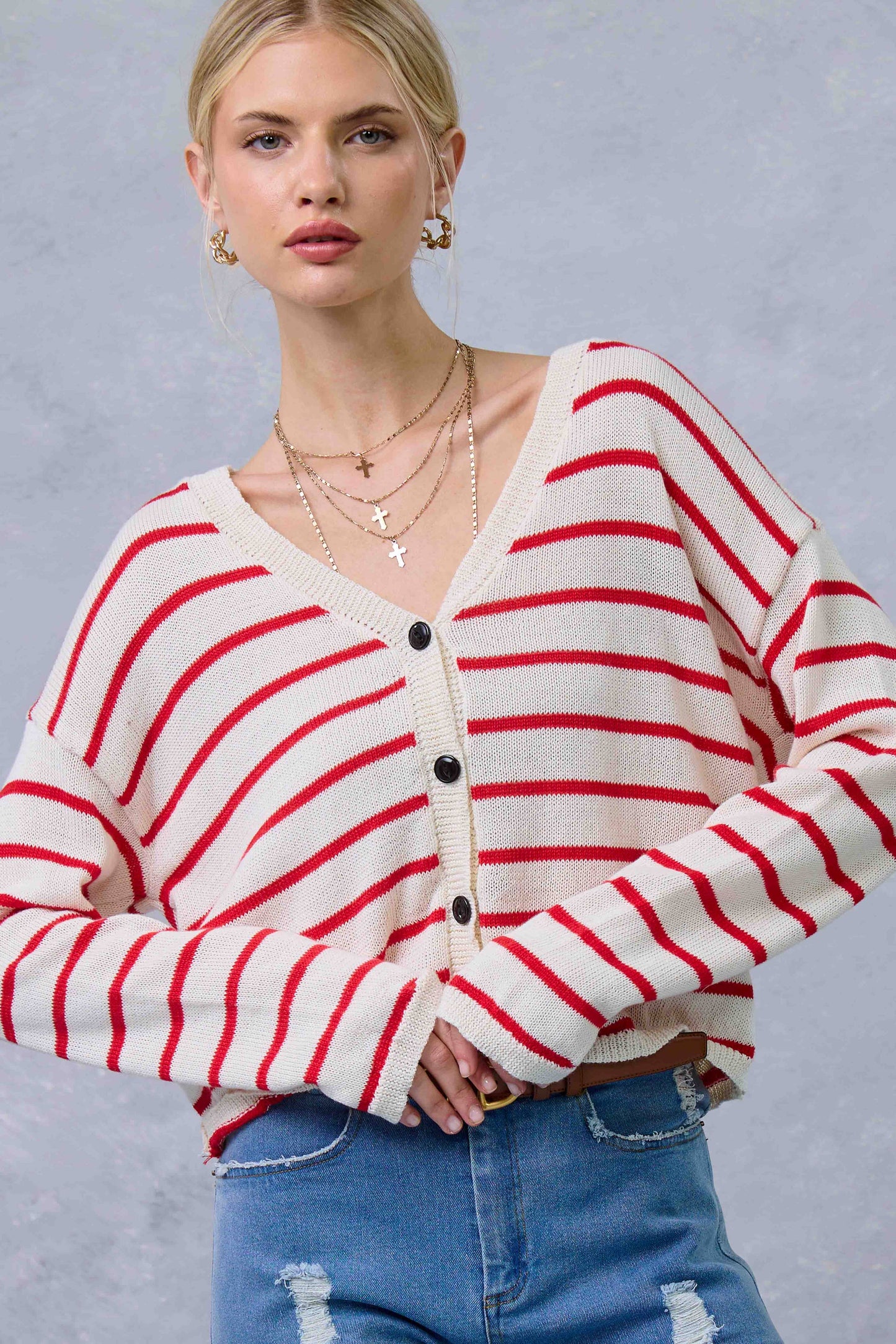 MDS3611-Relaxed Striped Summer V Neck Button Down Cardigan: Tomato / L - Pink Peonies