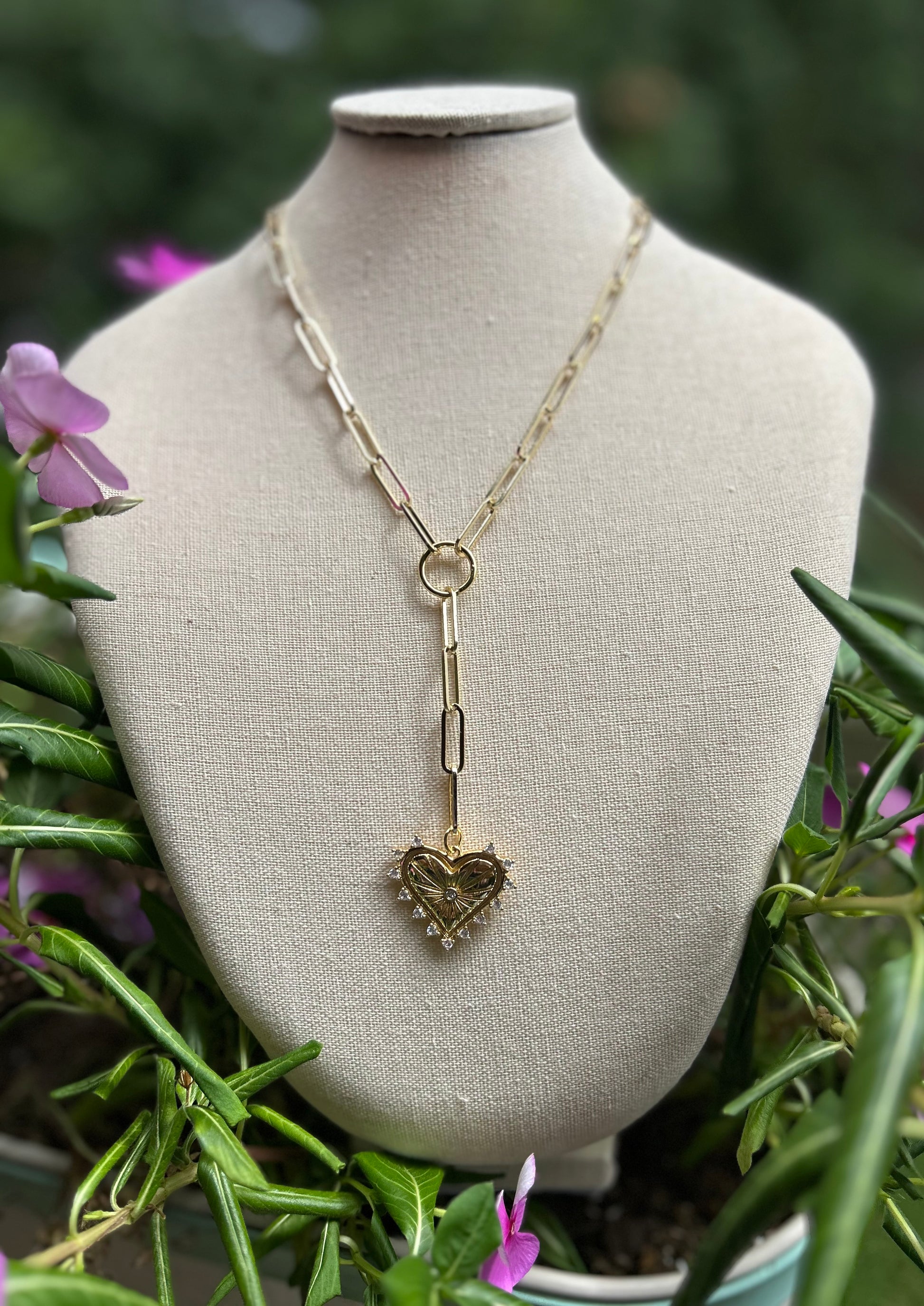 Gold Heart Lariat Necklace - Pink Peonies