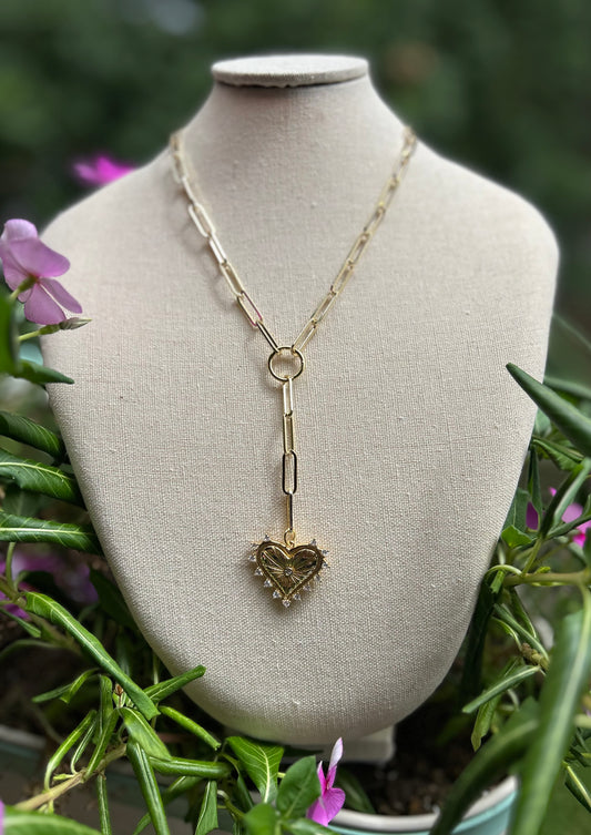 Gold Heart Lariat Necklace - Pink Peonies
