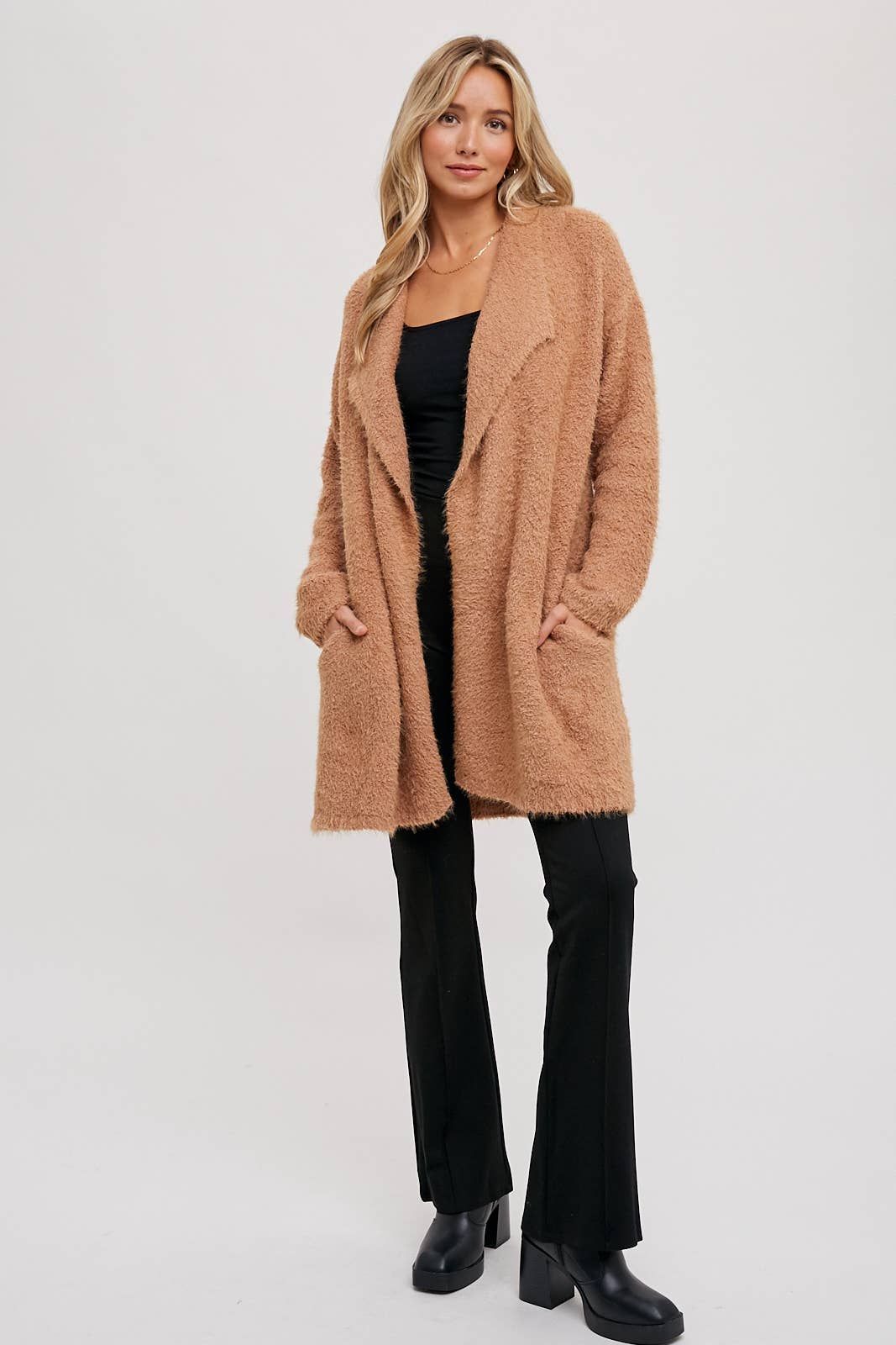 SOFT FUZZY DRAPE FRONT CARDIGAN: MUSHROOM / M/L - Pink Peonies