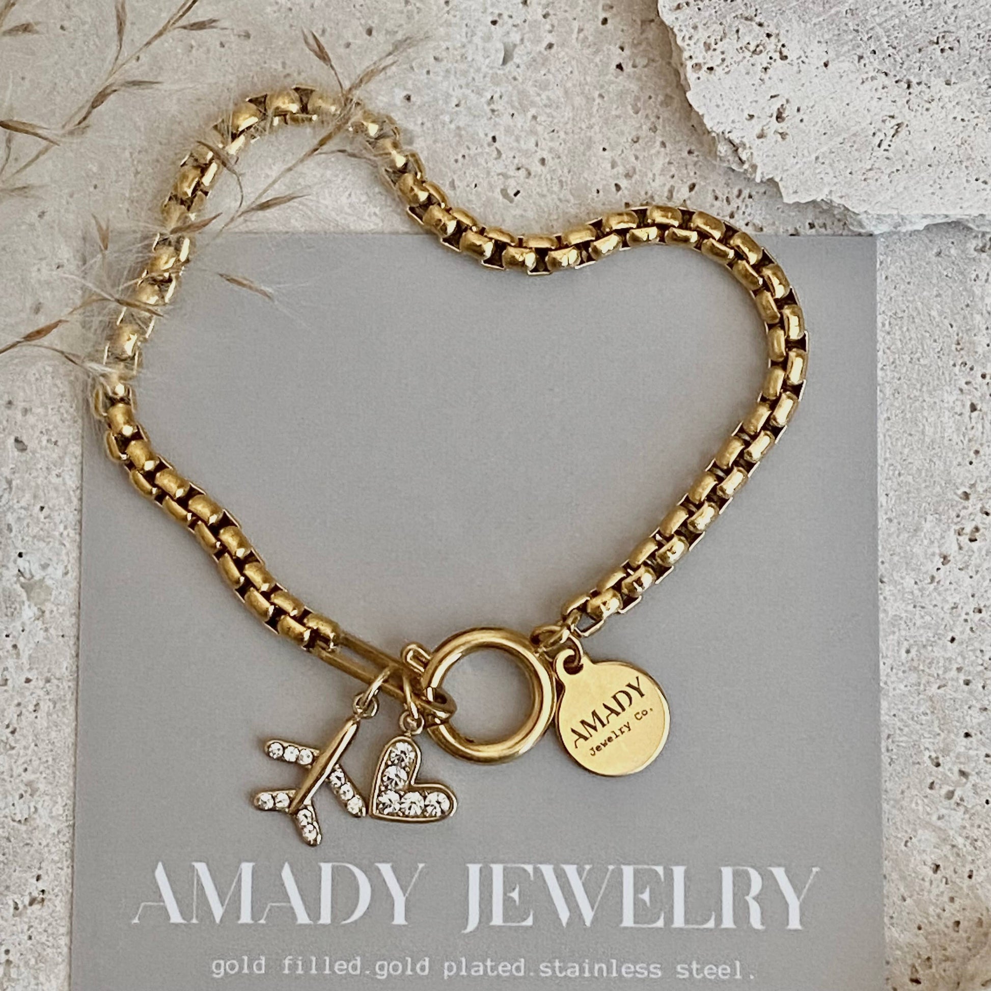 Traveler travel Bracelet airplane plane heart gold plated  - Pink Peonies