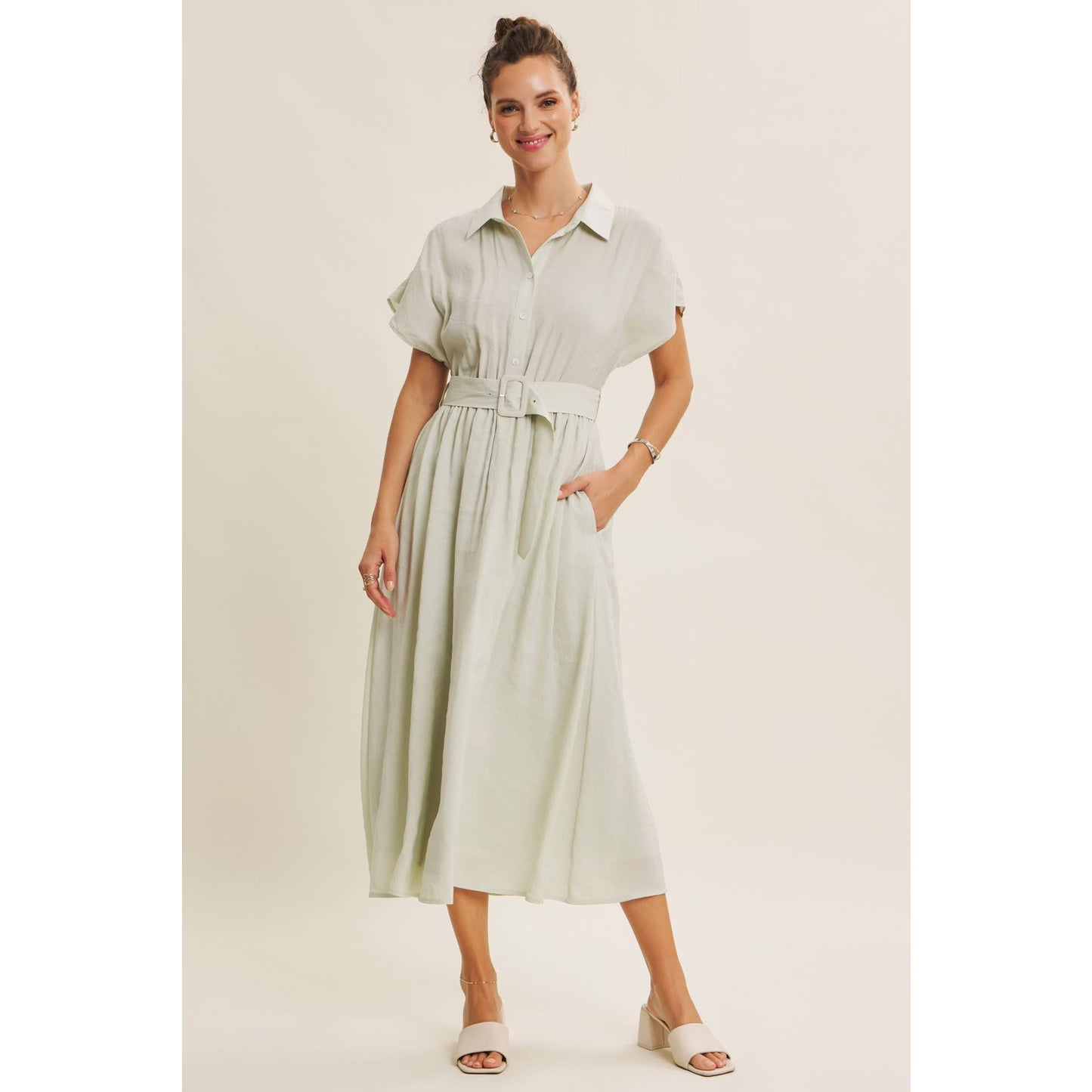 Midi Shirt Dress with Buckle Belt - Pink Peonies