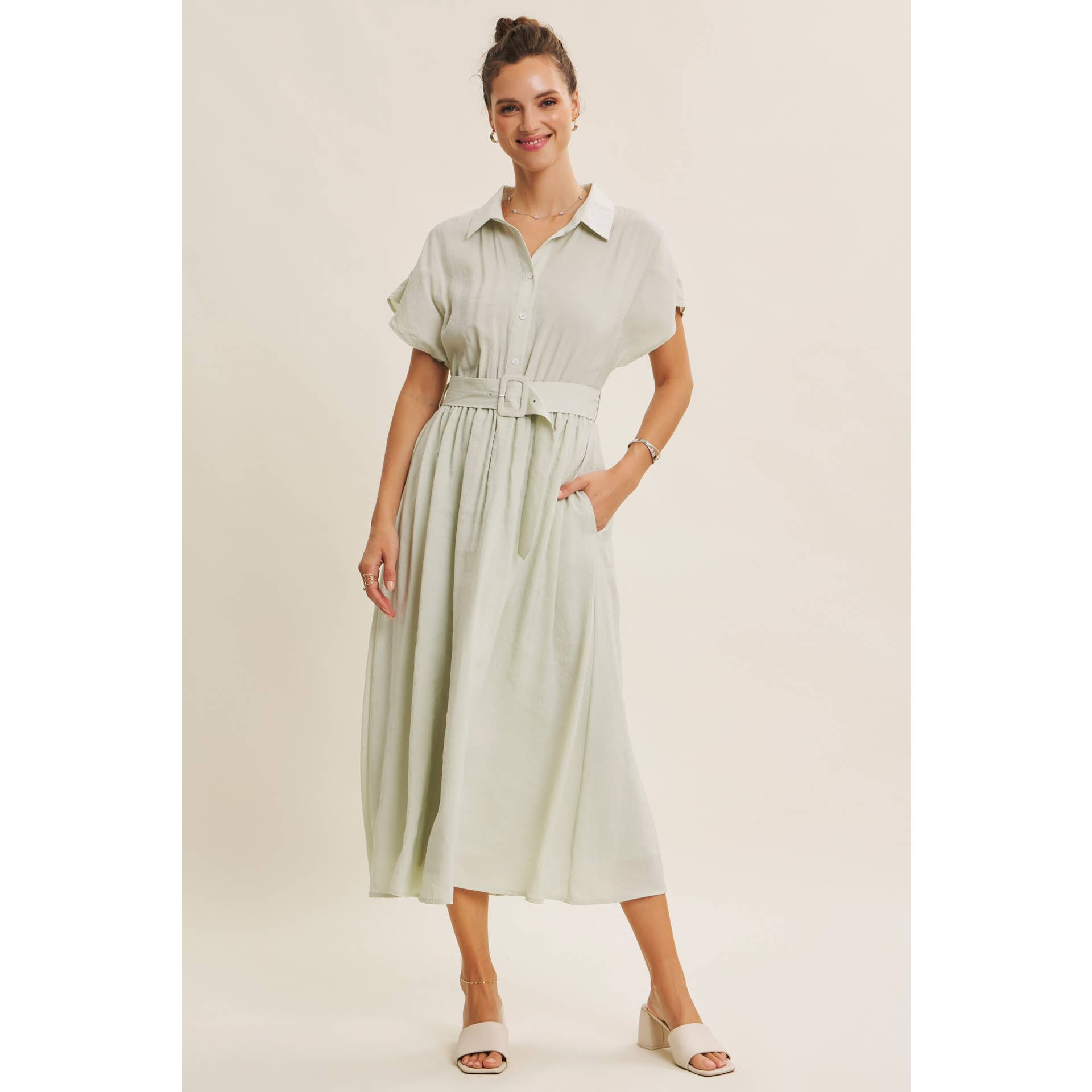 Midi Shirt Dress with Buckle Belt - Pink Peonies
