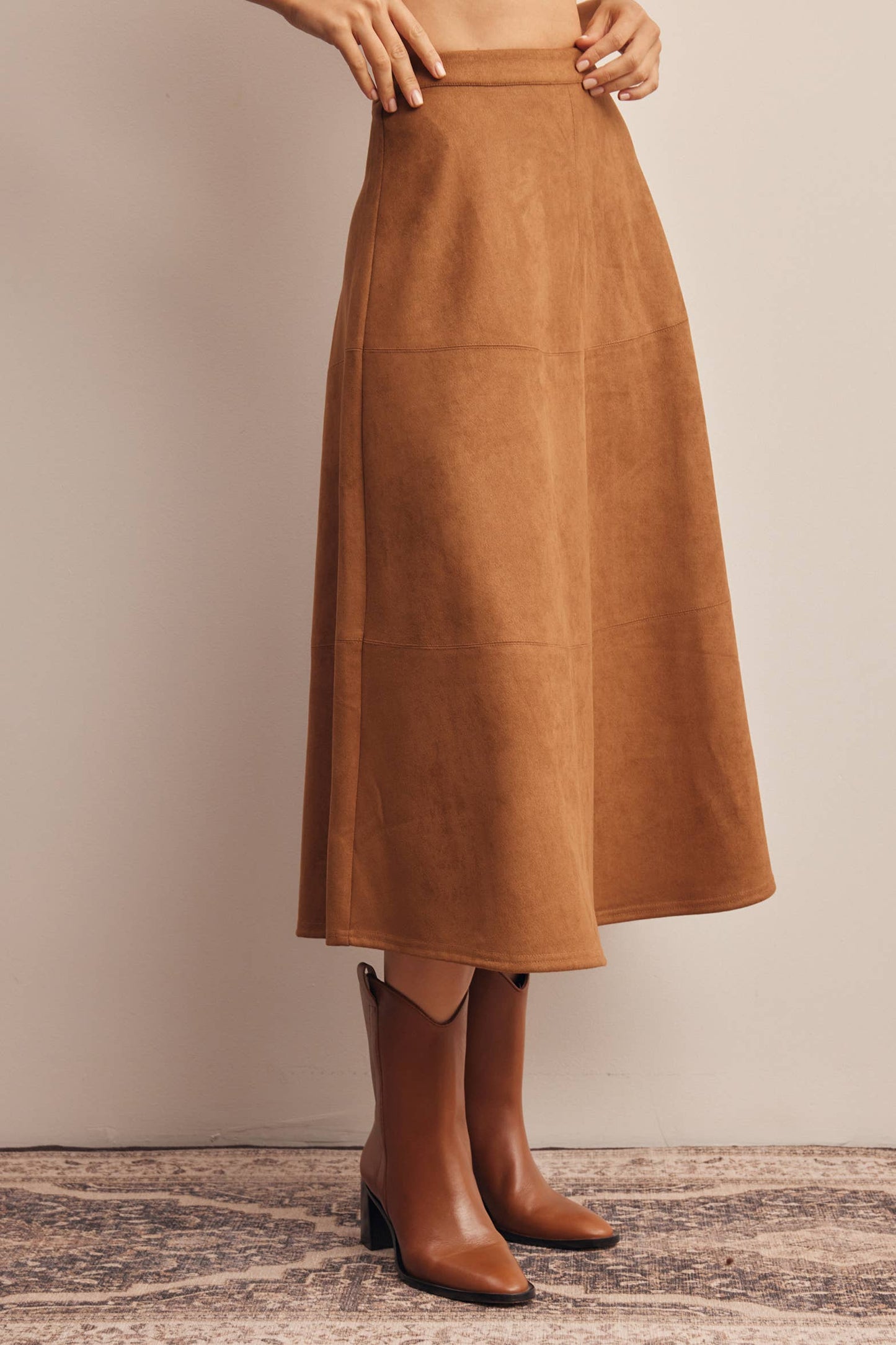 Stretched Suede A-Line Midi Skirt - Pink Peonies