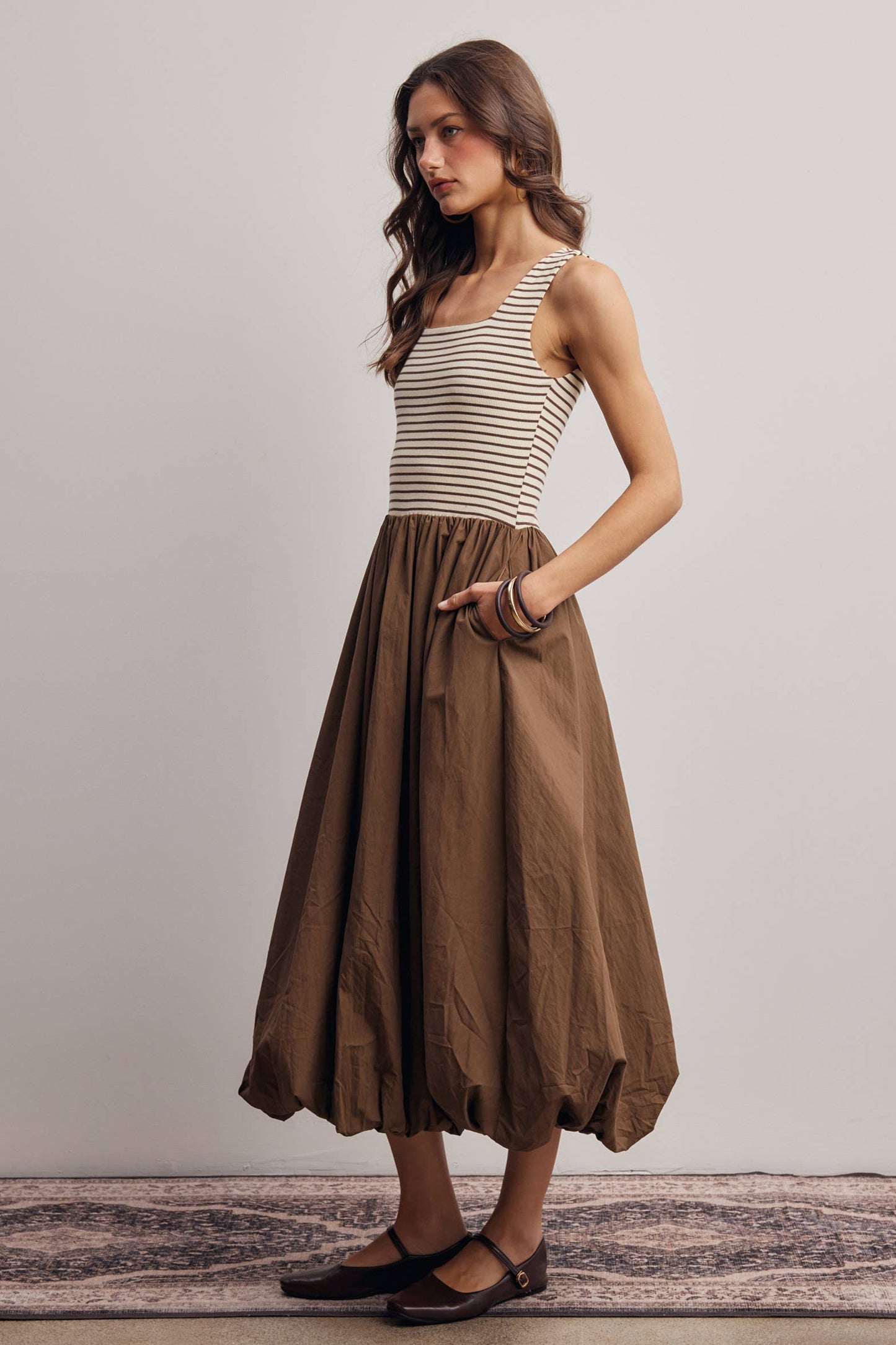 Striped Knit Bodice Bubble Midi Dress - Pink Peonies