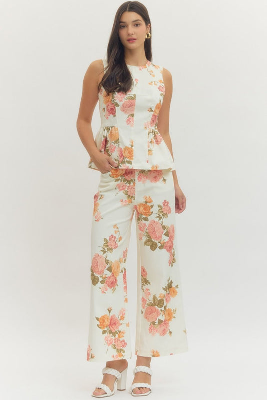 Floral Denim Cropped Jeans - Pink Peonies