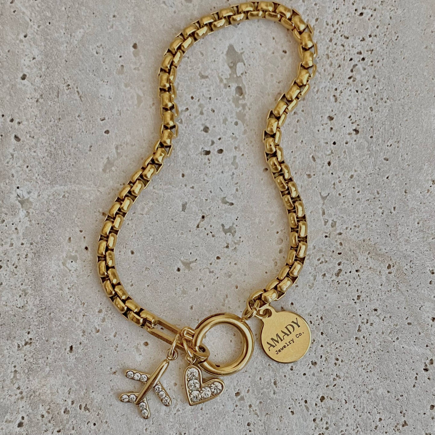Traveler travel Bracelet airplane plane heart gold plated  - Pink Peonies