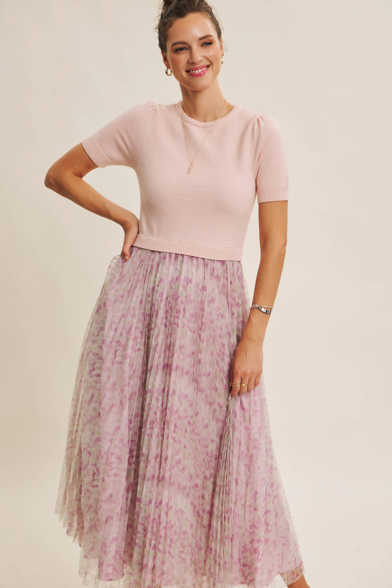 Field of Pleated Wildflowers Sweater Mix Media Midi Dress - Pink Peonies