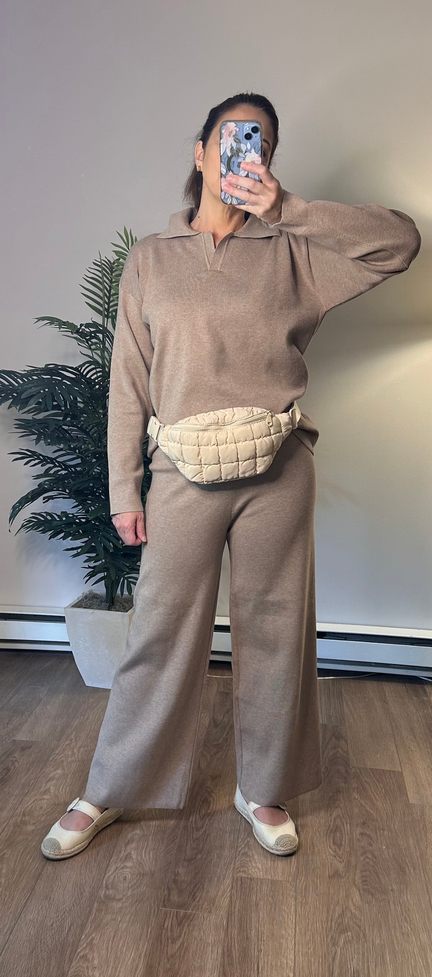 Long Sleeve Top and Pants Sweater Set: Khaki - Pink Peonies