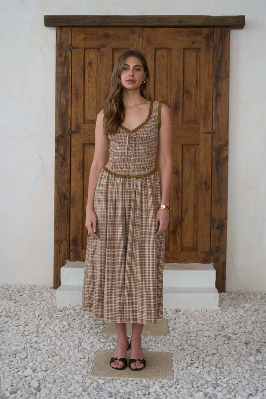 PLAID SMOCKED RUFFLED LACE TRIM MIDI DRESS: CAMEL MULTI - Pink Peonies