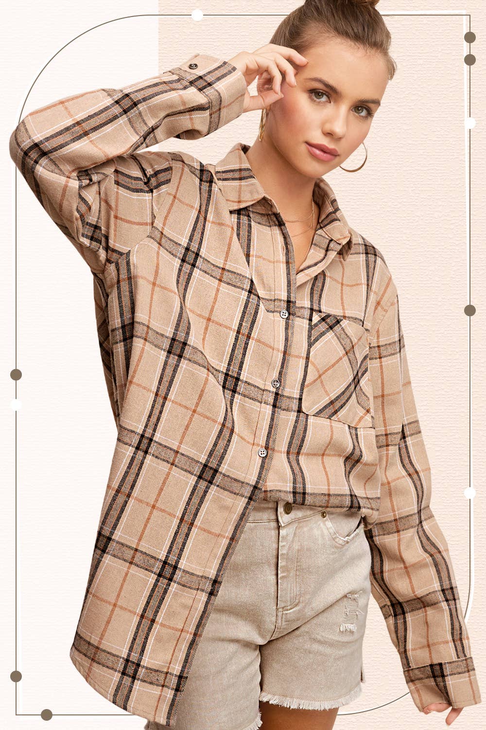 SRT1312-Soft Fabric Plaid Loose Fit Button Down Shirt: Tan / L - Pink Peonies