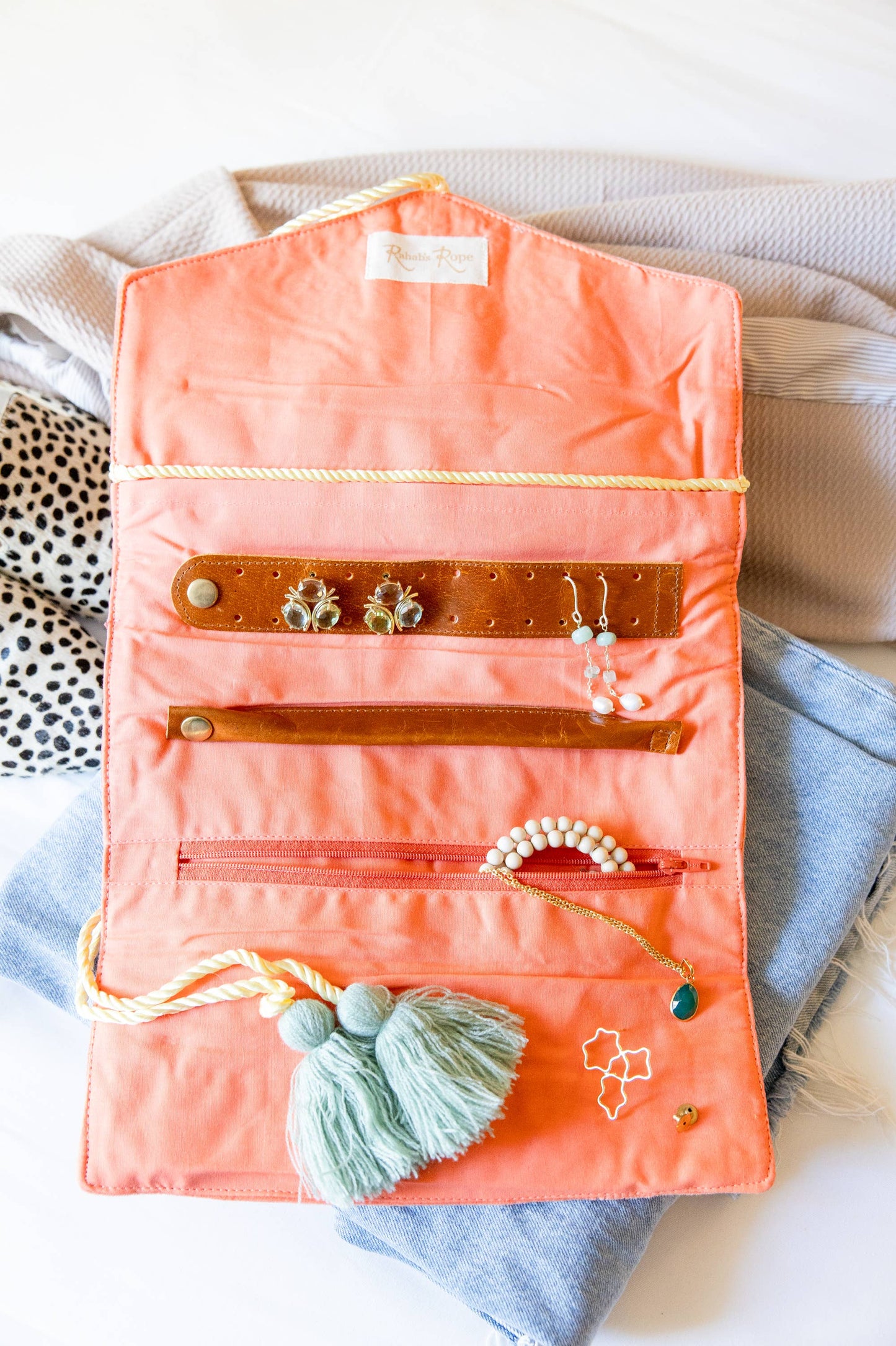 Embroidered Velvet Jewelry Organizer-Coral - Pink Peonies