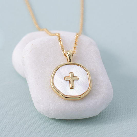 Shell With Cross Pendant Necklace - Pink Peonies