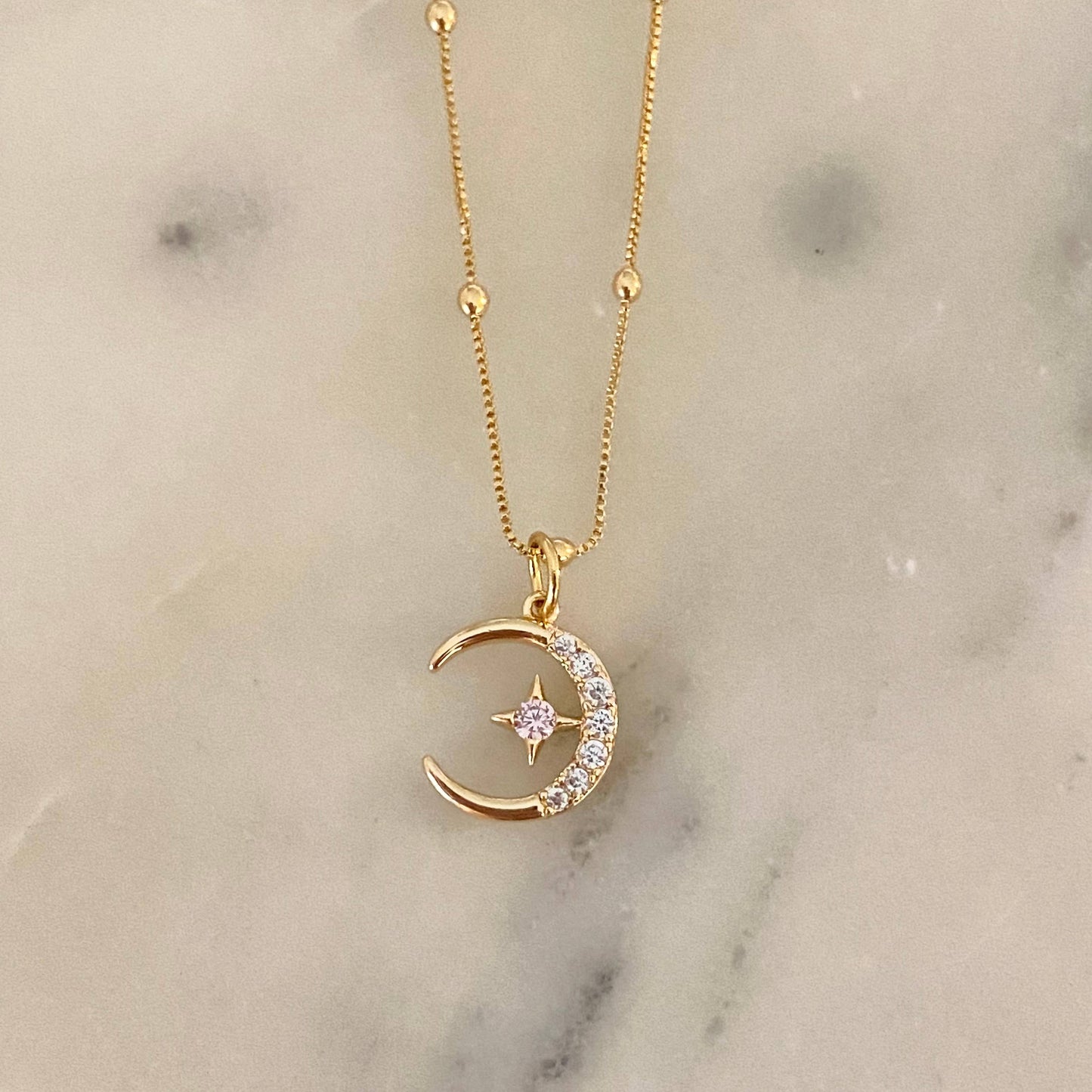 Cute Crescent Moon Charm Necklace 18k Gold Filled GP - Pink Peonies
