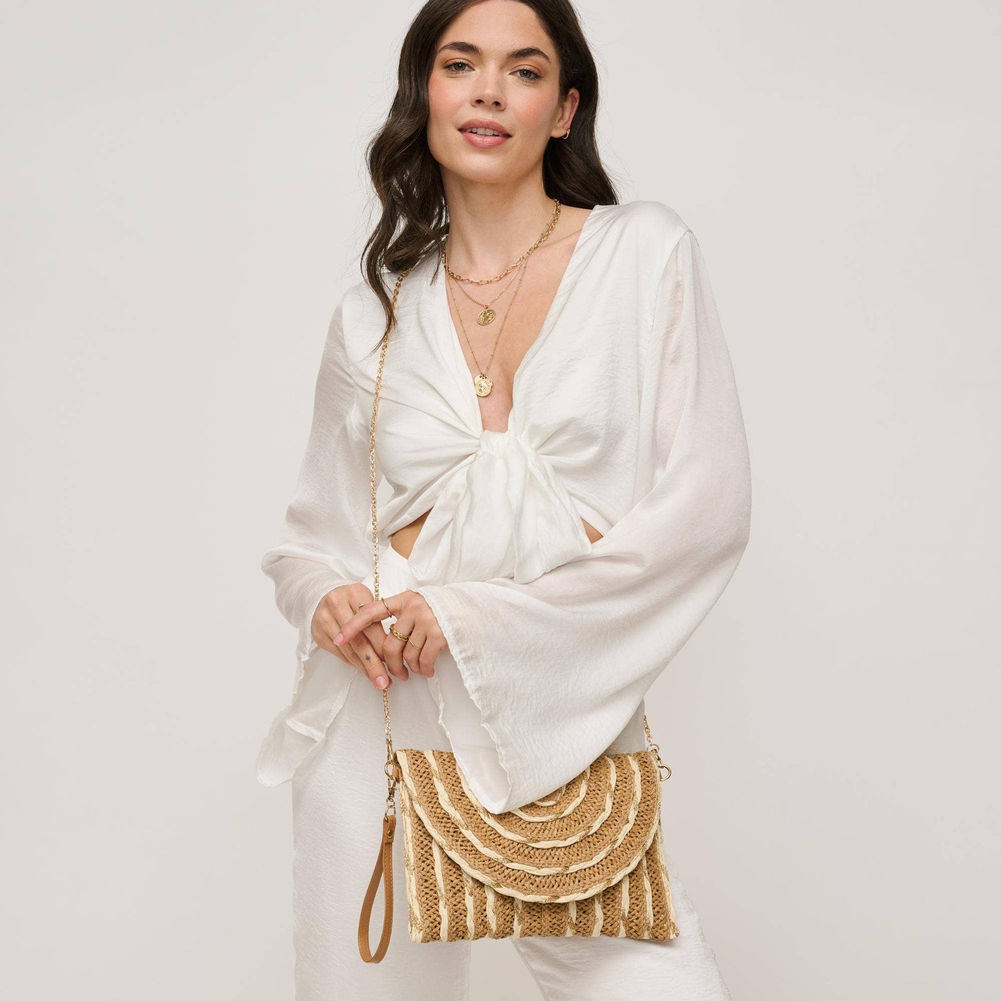 Golden Hour Ruffle Natural Ivory Clutch - Pink Peonies