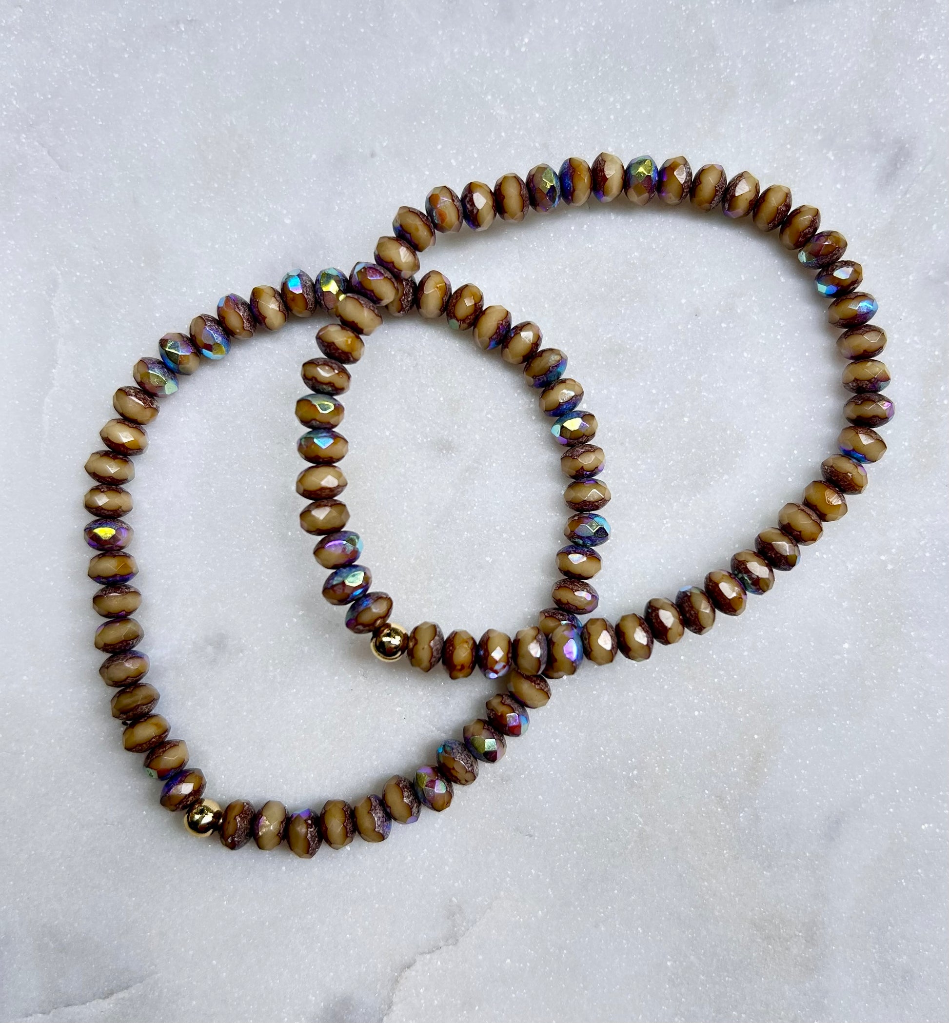 Beaded Crystal Bracelet: Tan - Pink Peonies