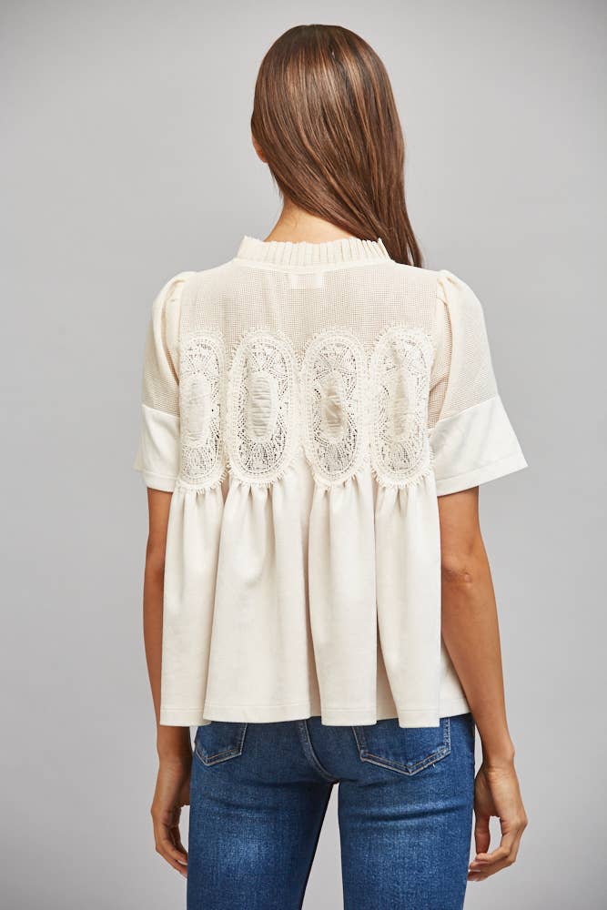 Sheer Mesh Upper Faux Suede Top
