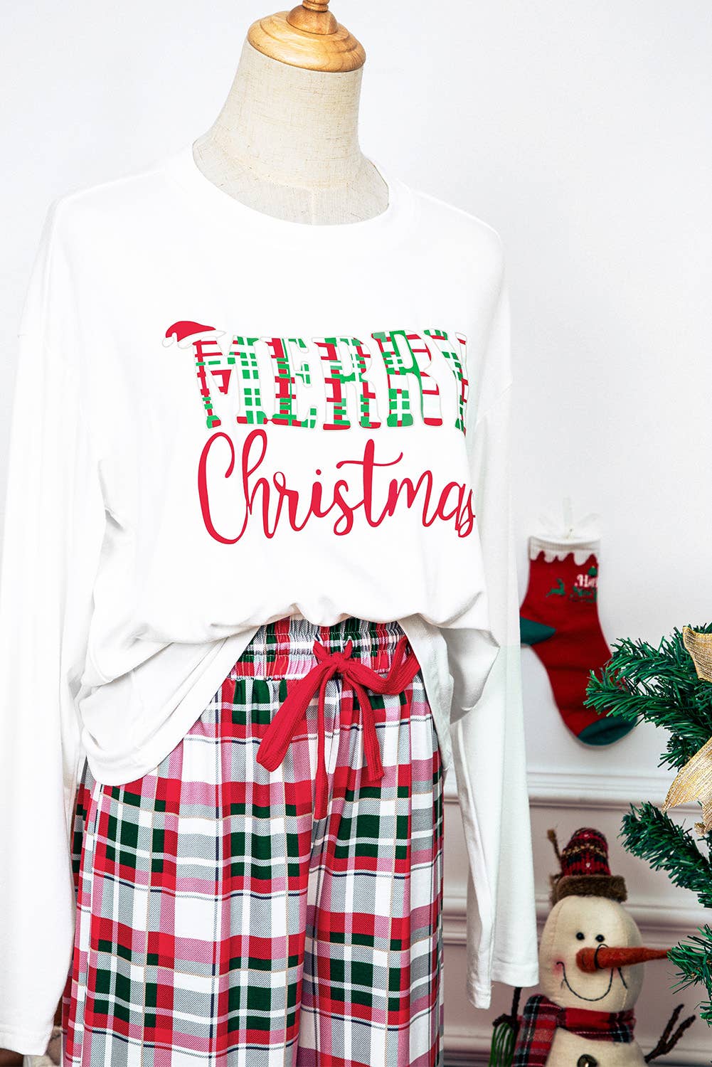 Merry Christmas Plaid Long Sleeve Pants Pajama Set