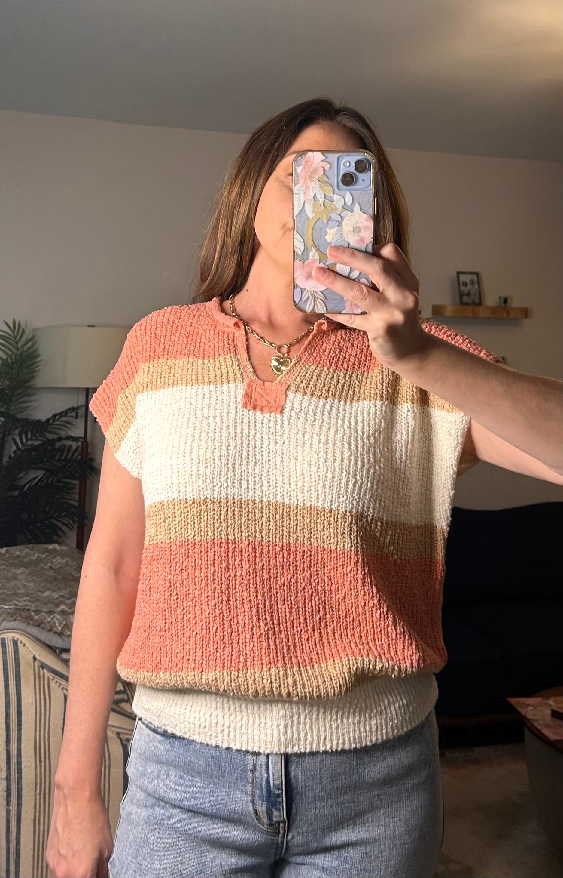 Low Gauge Color Block Textured Sweater Top - Pink Peonies